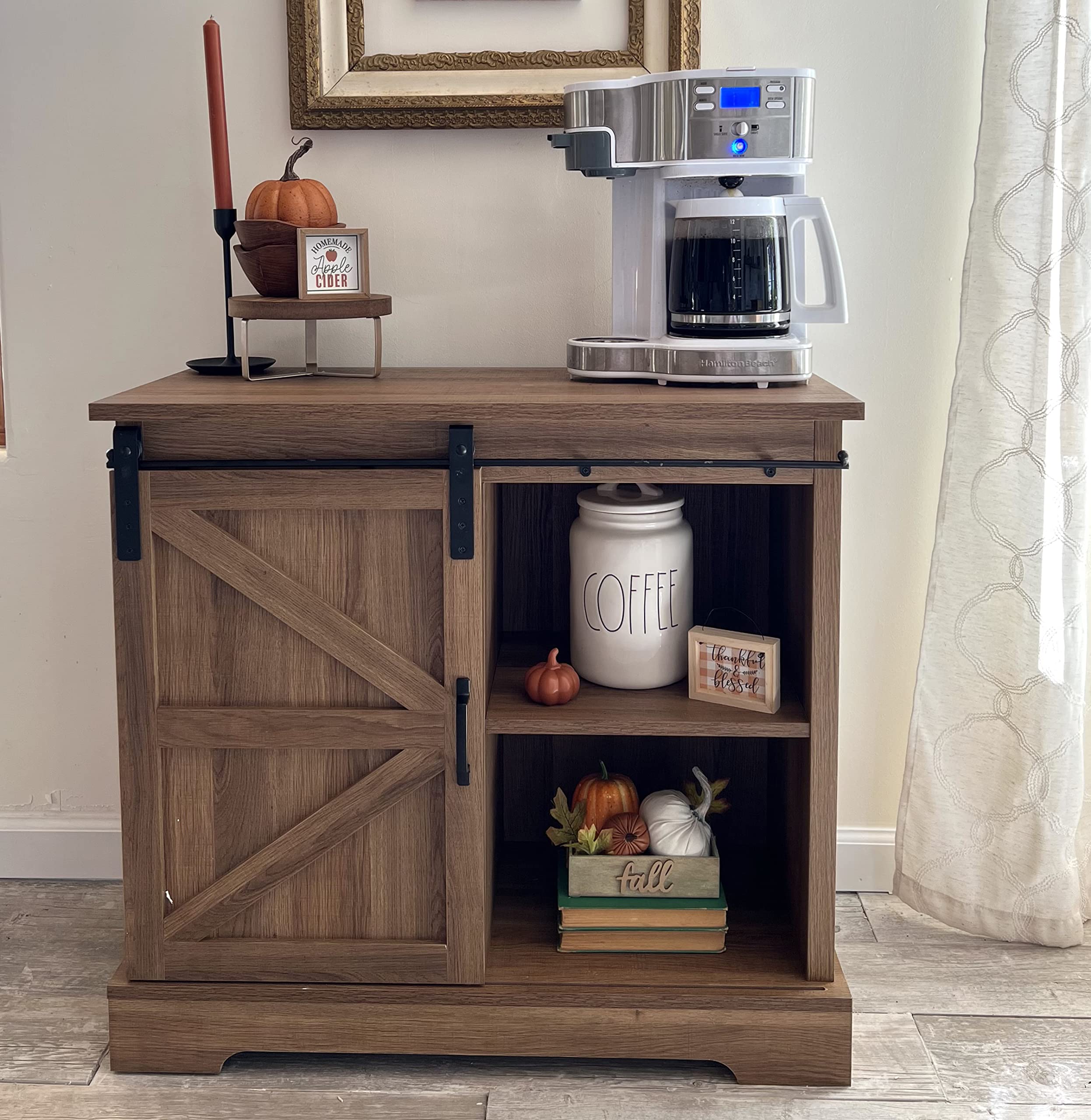 PHI VILLA Rustic Farmhouse Coffee Bar Cabinet with Sliding Barn Door - Kitchen Buffet Sideboard with Storage for Dining Room, Living Room & Home Office