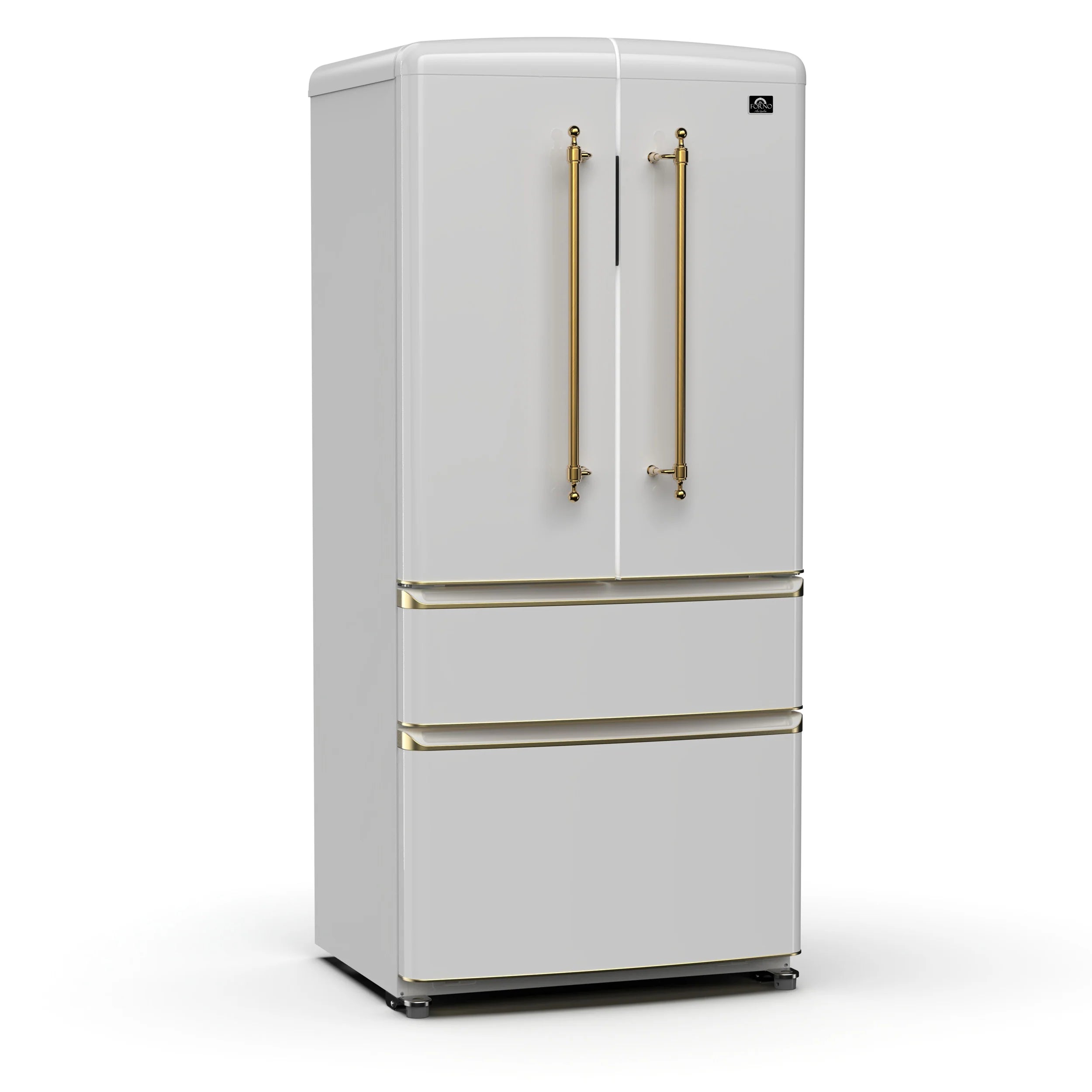 Forno Luigi 33 Inch French Door Refrigerator in White with Antique Brass Finish - Model FFFFD1791 33WHT | Perfect for Modern Kitchens, Restaurants & Open-Concept Living Spaces