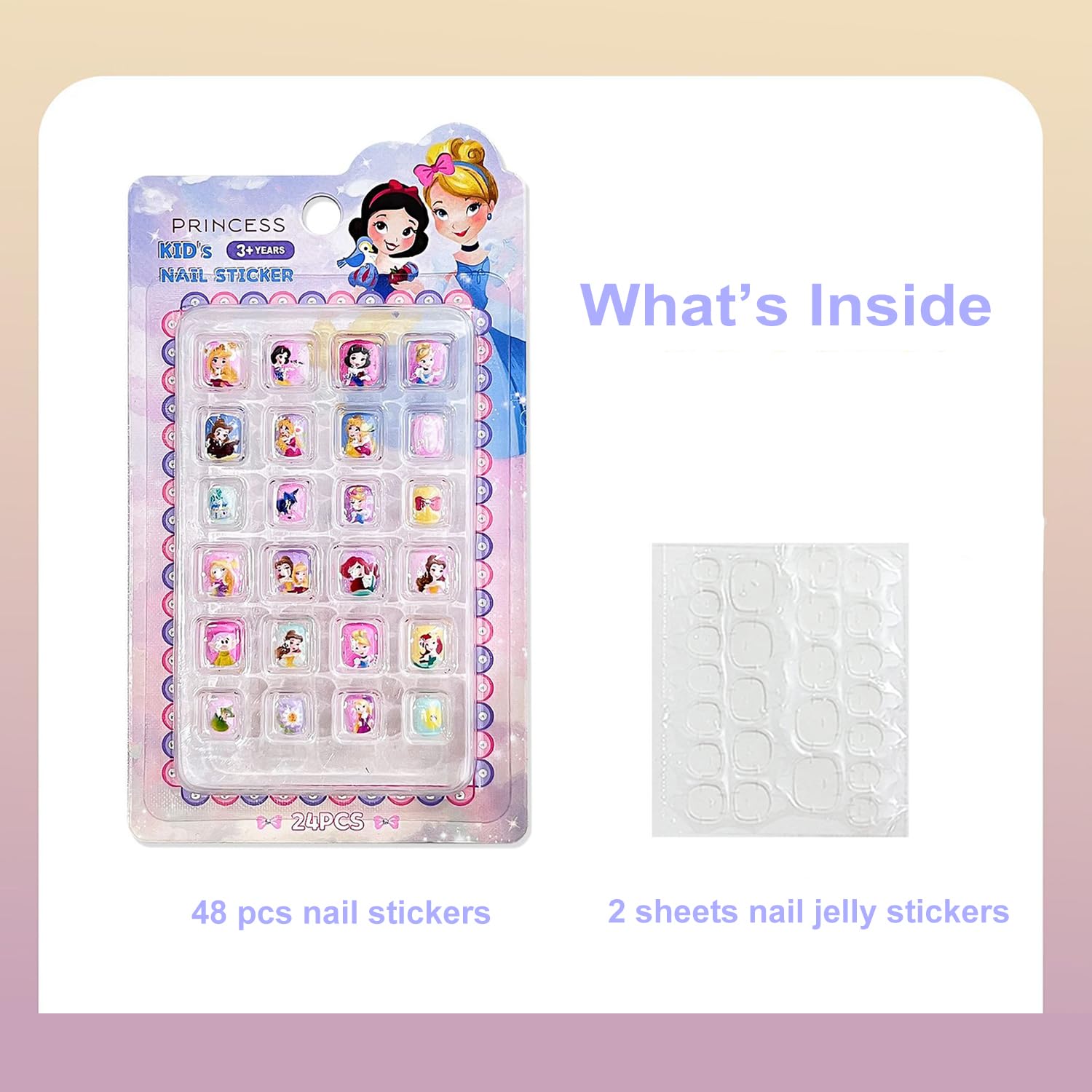 48PCS Cartoon Princess Press on Nails for Toddlers & Kids - Cute Designer Fake Nails Set, Full Cover Acrylic Nail Tips - Perfect for Easter Gifts, Birthday Parties, Dress-Up Play & Special Occasions