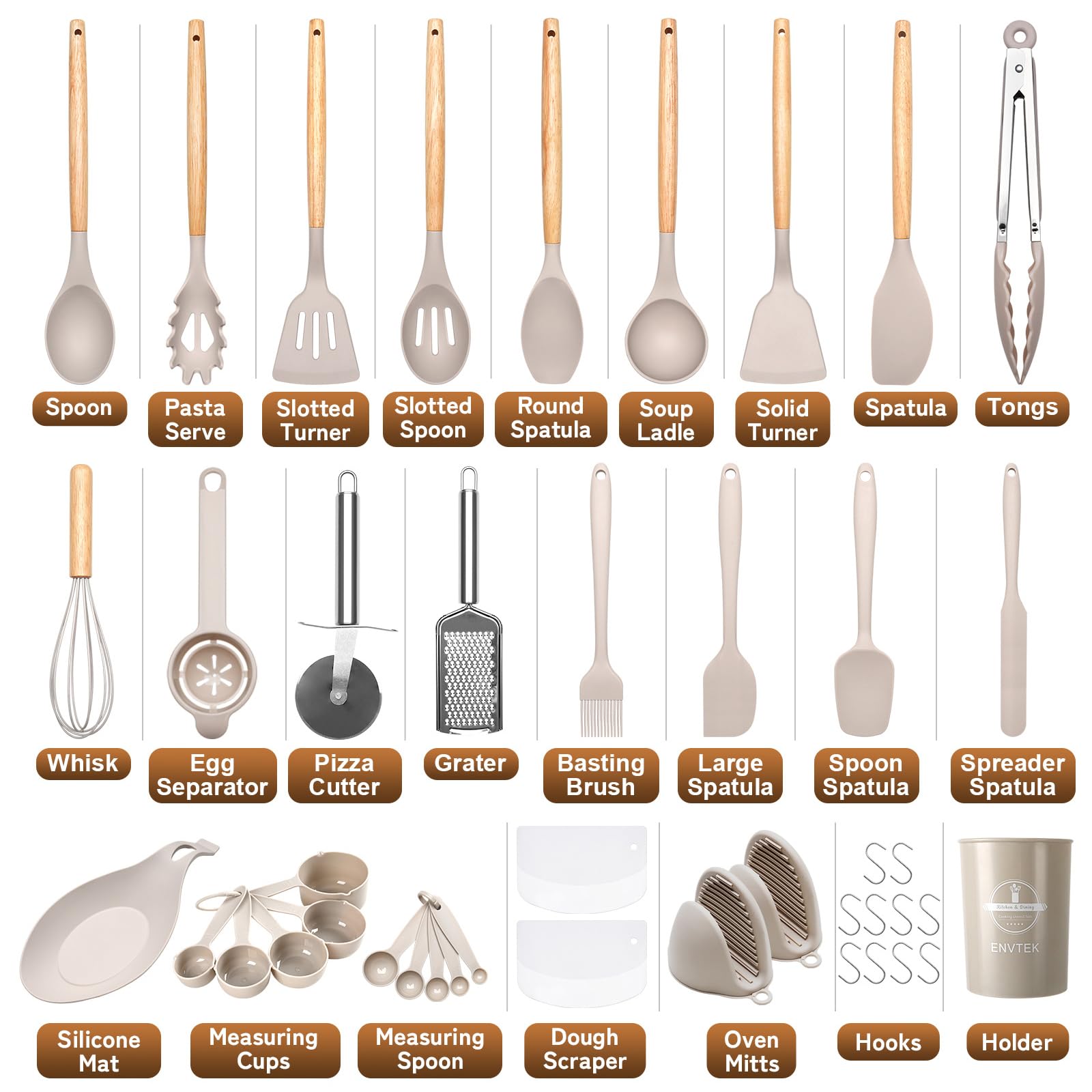 Silicone Kitchen Utensils Set 43 PCS with Wooden Handle, Nonstick Heat Resistant Cookware Gadgets & Holder (Khaki) - Perfect for Baking, Cooking, and Everyday Kitchen Tasks