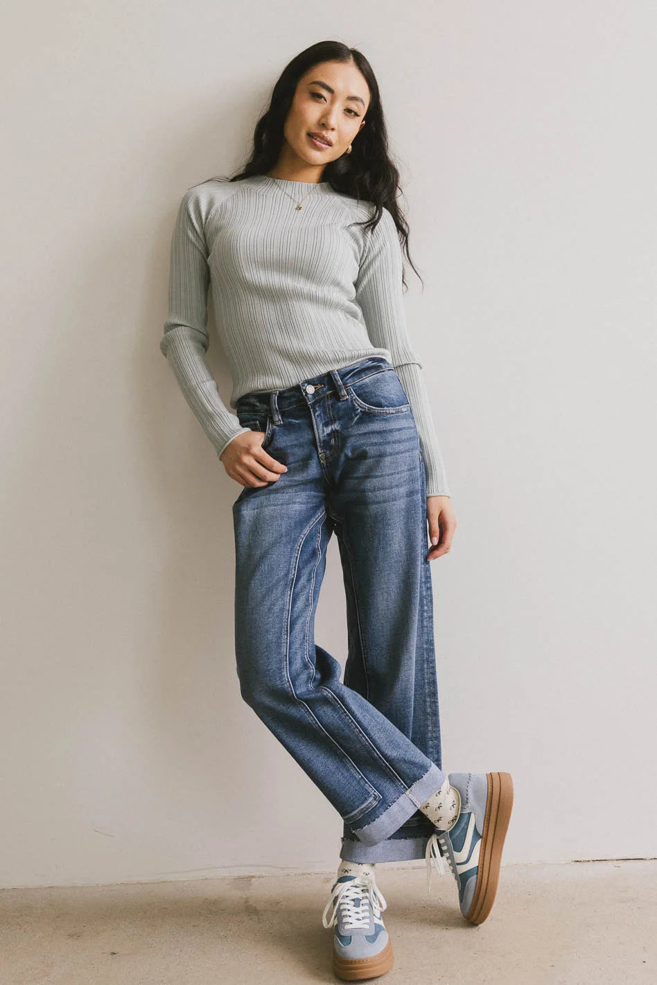 Azizi Ribbed Top for Women - Soft Stretch Dusty Blue Casual Shirt for Everyday Wear | Perfect for Layering, Office, and Weekend Outfits