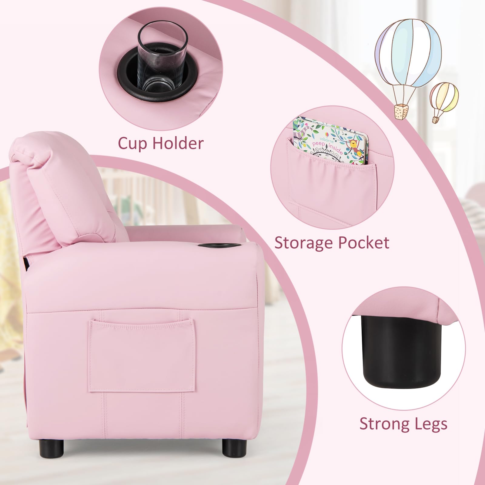Costzon Kids Recliner Chair with Cup Holder - Pink PU Leather Toddler Armchair with Headrest & Footrest for Boys and Girls - Perfect for Bedroom, Playroom, Nursery, and Movie Nights