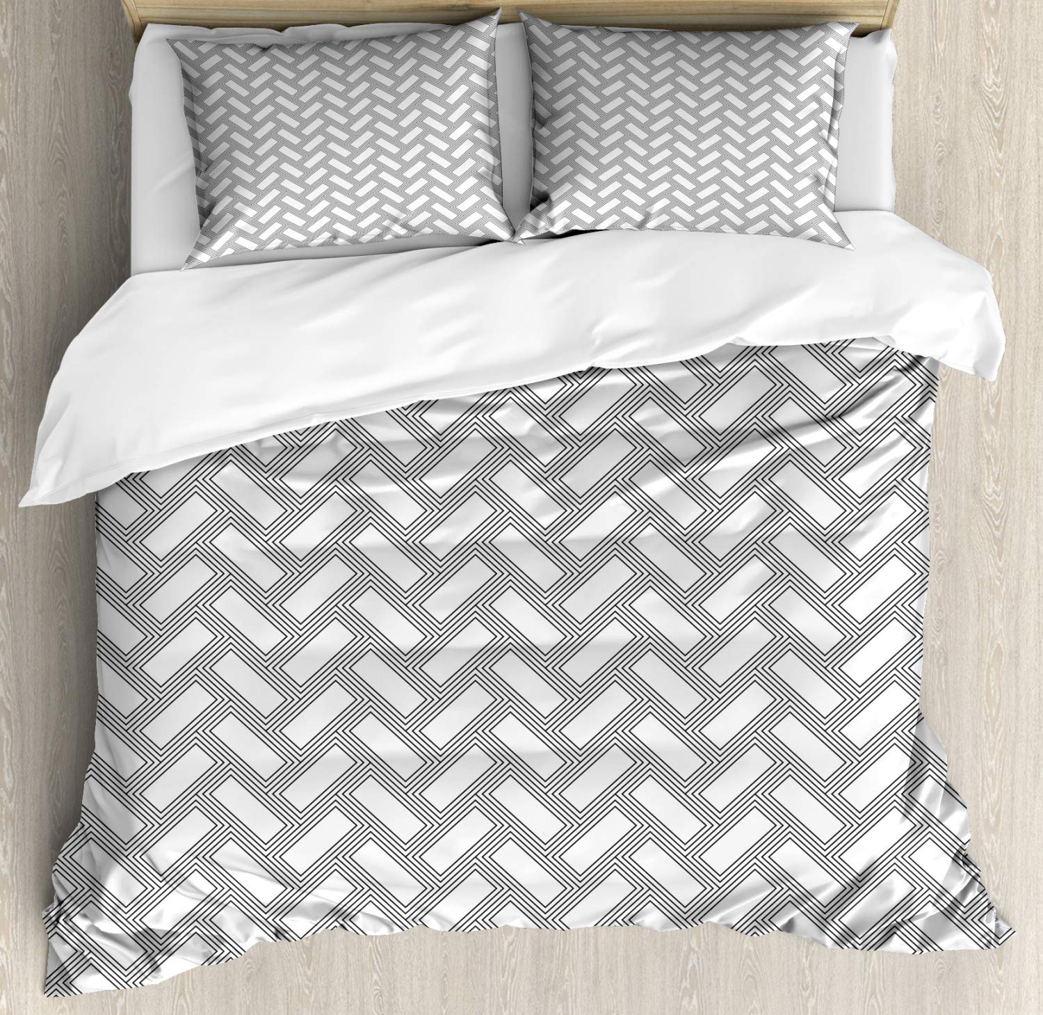 Ambesonne Herringbone Duvet Cover Set - Vintage Geometric Pattern 3-Piece King Size Bedding with 2 Pillow Shams in White & Dark Taupe | Abstract Design for Modern & Farmhouse Bedroom Decor