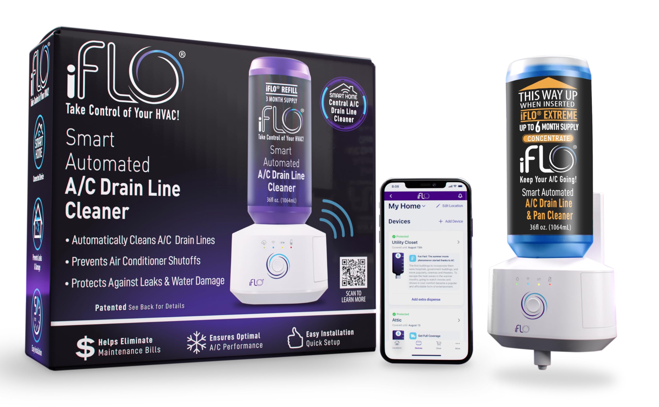 iFLO® Smart Automated A/C Drain Line Cleaner for HVAC System - Prevents Clogs, Easy Installation, App-Controlled Maintenance - Includes 36oz Cleaner Cartridge (6 Month Supply) - Perfect for Home & Commercial Air Conditioner Maintenance