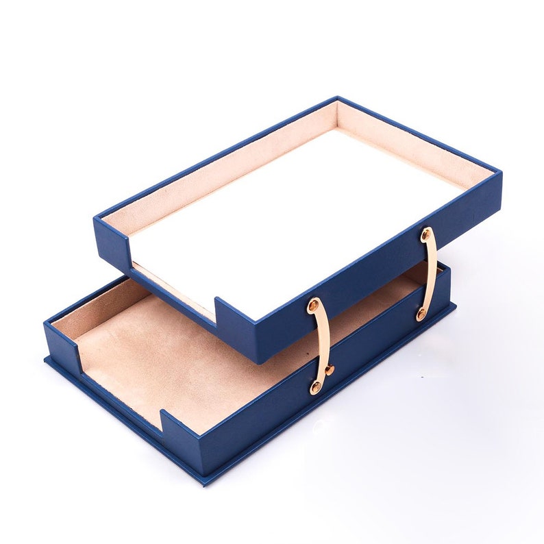 Premium MOOG Leather Desk Organizer Set - Double Document Tray in Blue (10-Piece) for Office, Home, or Executive Workspace Organization