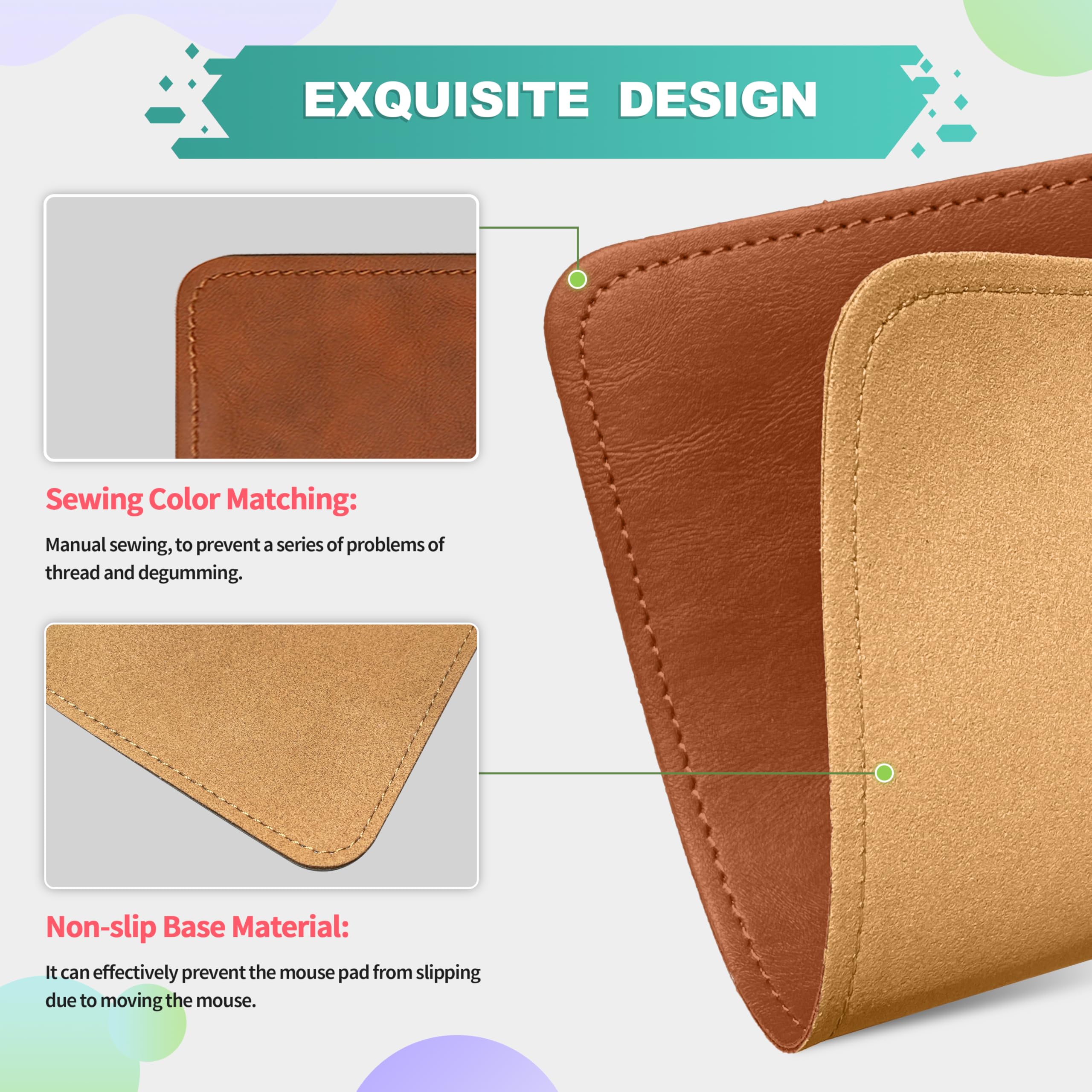 Premium PU Leather Mouse Pad with Stitched Edge & Non-Slip Microfiber Base - Waterproof Desk Mat for Computer, Laptop, Gaming (8x11 Inch, Caramel Brown) - Perfect for Office, Home & Workspace Use