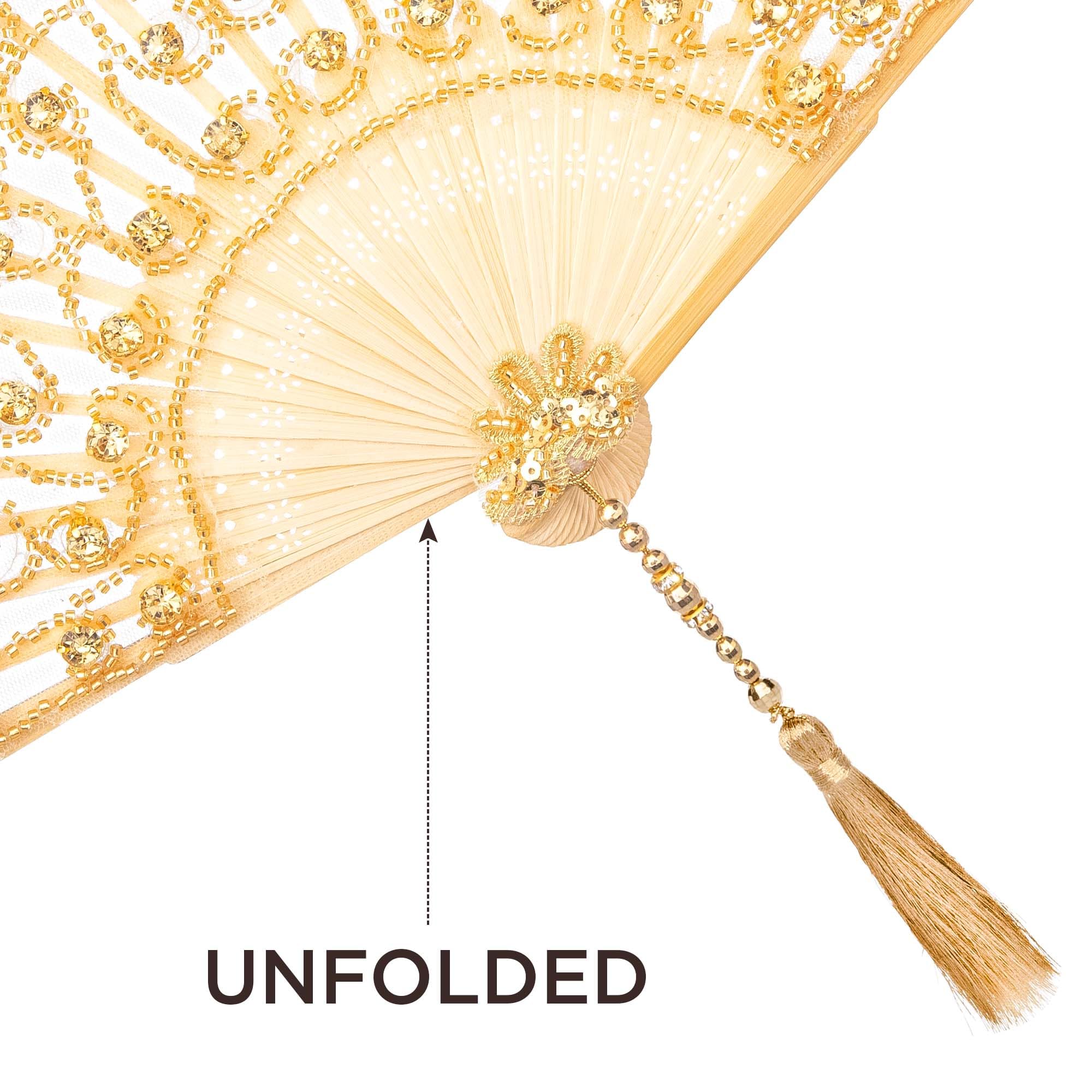 Vintage Lace Hand Fan with Rhinestone & Embroidered Design - Non-Foldable Wedding Bridal Fan for Ceremony, Photo Shoot & Dance Party - Elegant Gold Handheld Fan for Bridesmaids & Special Occasions