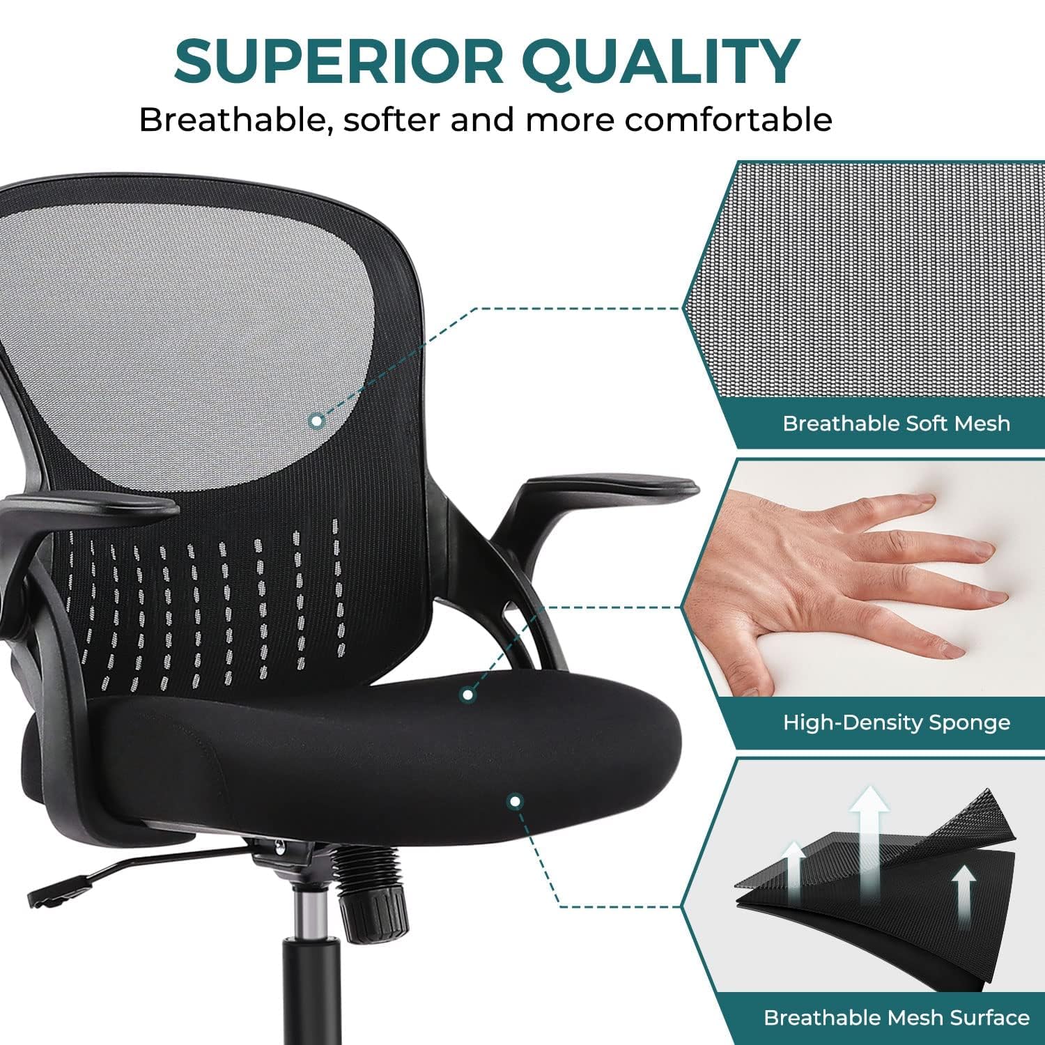 Ergonomic Mesh Office Chair with Lumbar Support - Adjustable Mid-Back Computer Gaming Desk Chair, Flip-Up Arms & Swivel Wheels - Comfortable Work Chair for Home Office, Bedroom, Study Room - Perfect for Long Hours of Work, Gaming & Online Classes (Black)