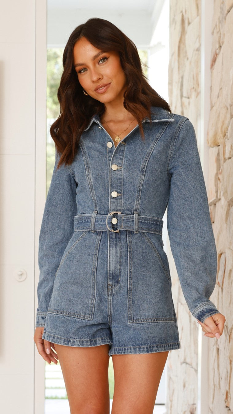 Lakeisha Women's Long Sleeve Denim Jumpsuit - Mid Blue Romper for Casual Wear & Street Style Fashion
