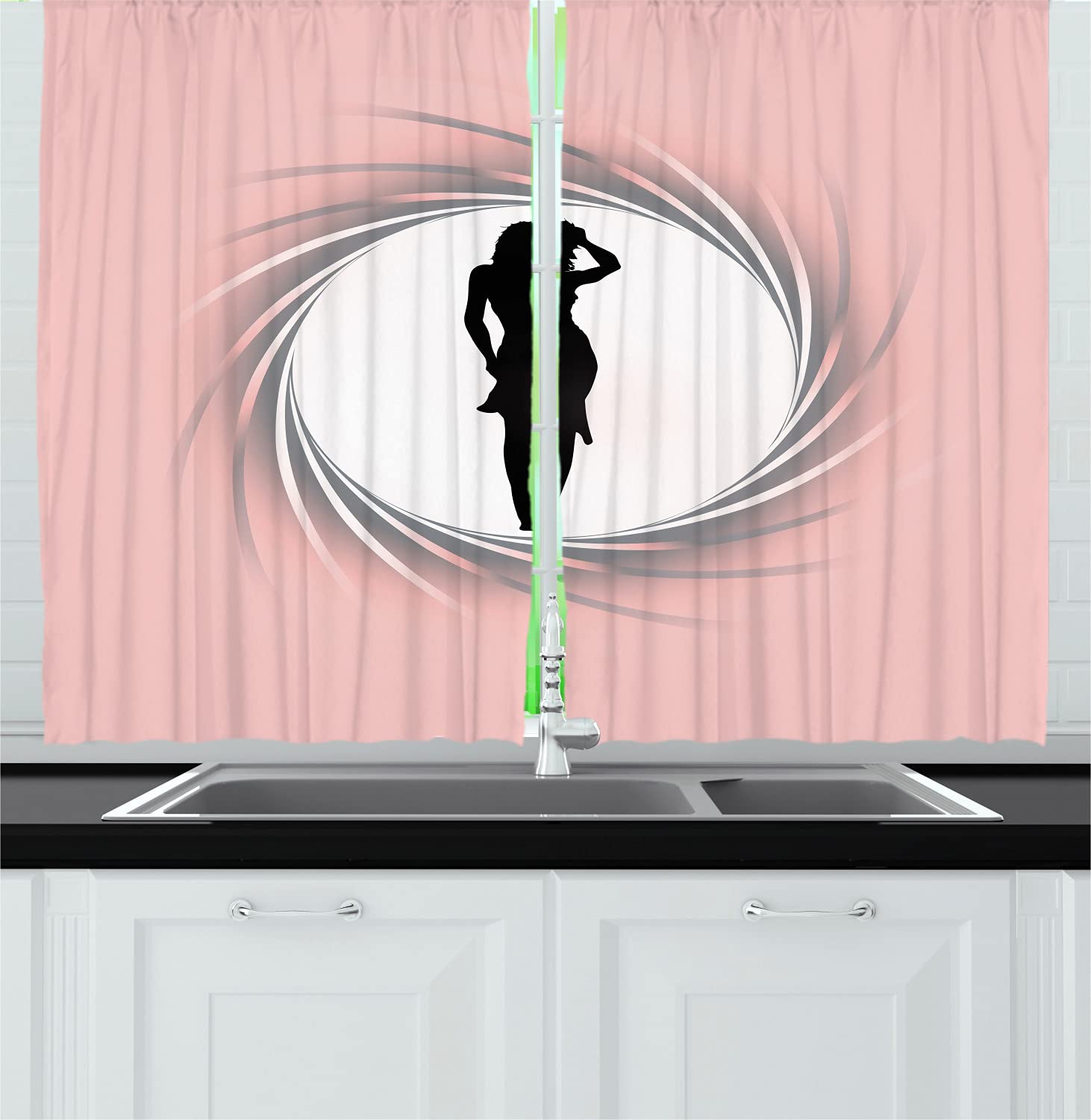 Ambesonne Fashion Long Kitchen Curtains - Modern Spiral Zoom Circle Design with Warm Pastel Tones, Black & Pink Hot Lady Print, 2 Panel Rod Pocket Drapes 55