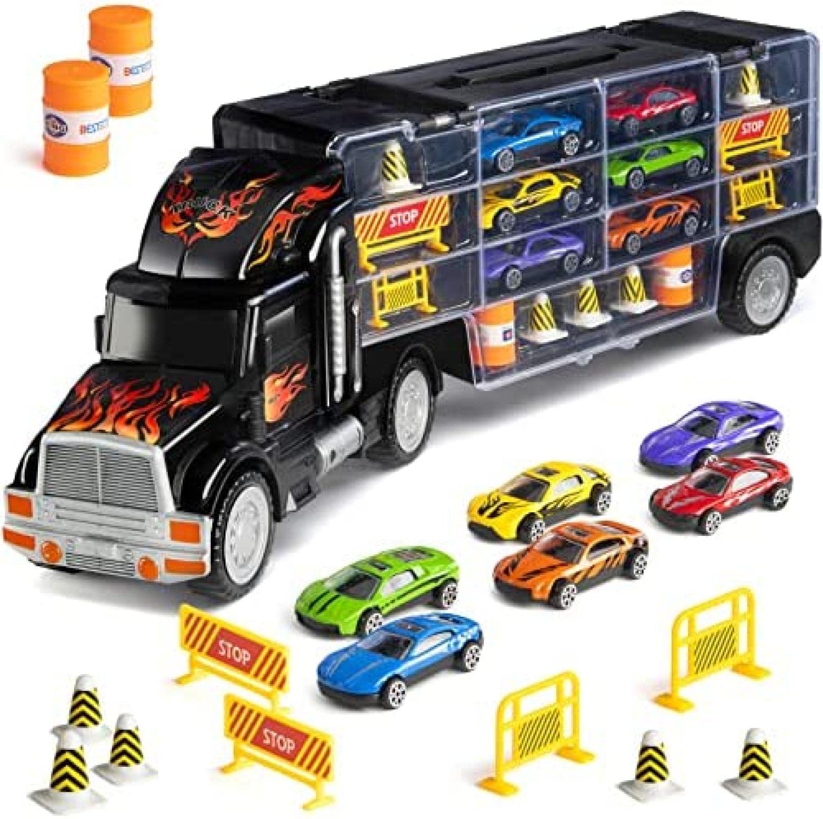 Toy Truck Transport Car Carrier with 6 Toy Cars & Accessories - 28 Slot Vehicle Hauler - Perfect for Kids Playtime, Pretend Play, and Collectible Car Storage