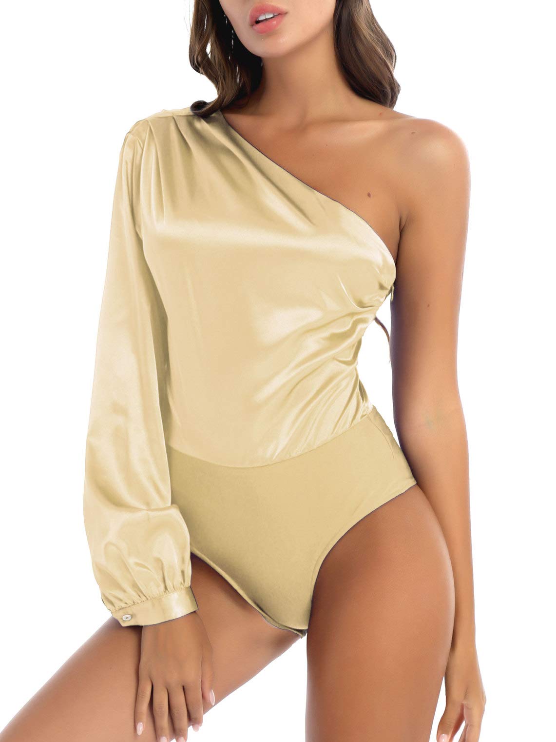 JEEYJOO Women's Sexy One Shoulder Long Sleeve High Waist Satin Bodysuit Leotard for Dance, Yoga & Night Out - Elegant Plus Size Tops for Women