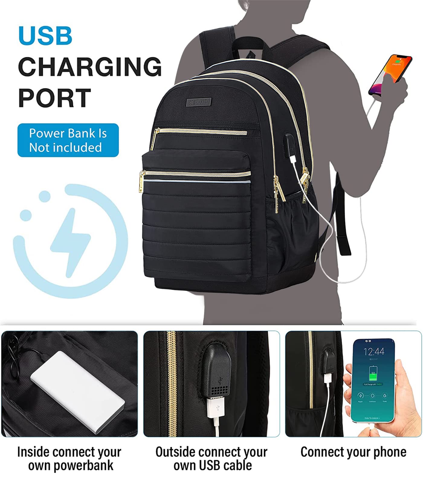 KEOFID Anti-Theft Travel Backpack for Men & Women - Stylish College Backpack with RFID Protection (Black & Gold) | Perfect for Commuting, School & Business Travel