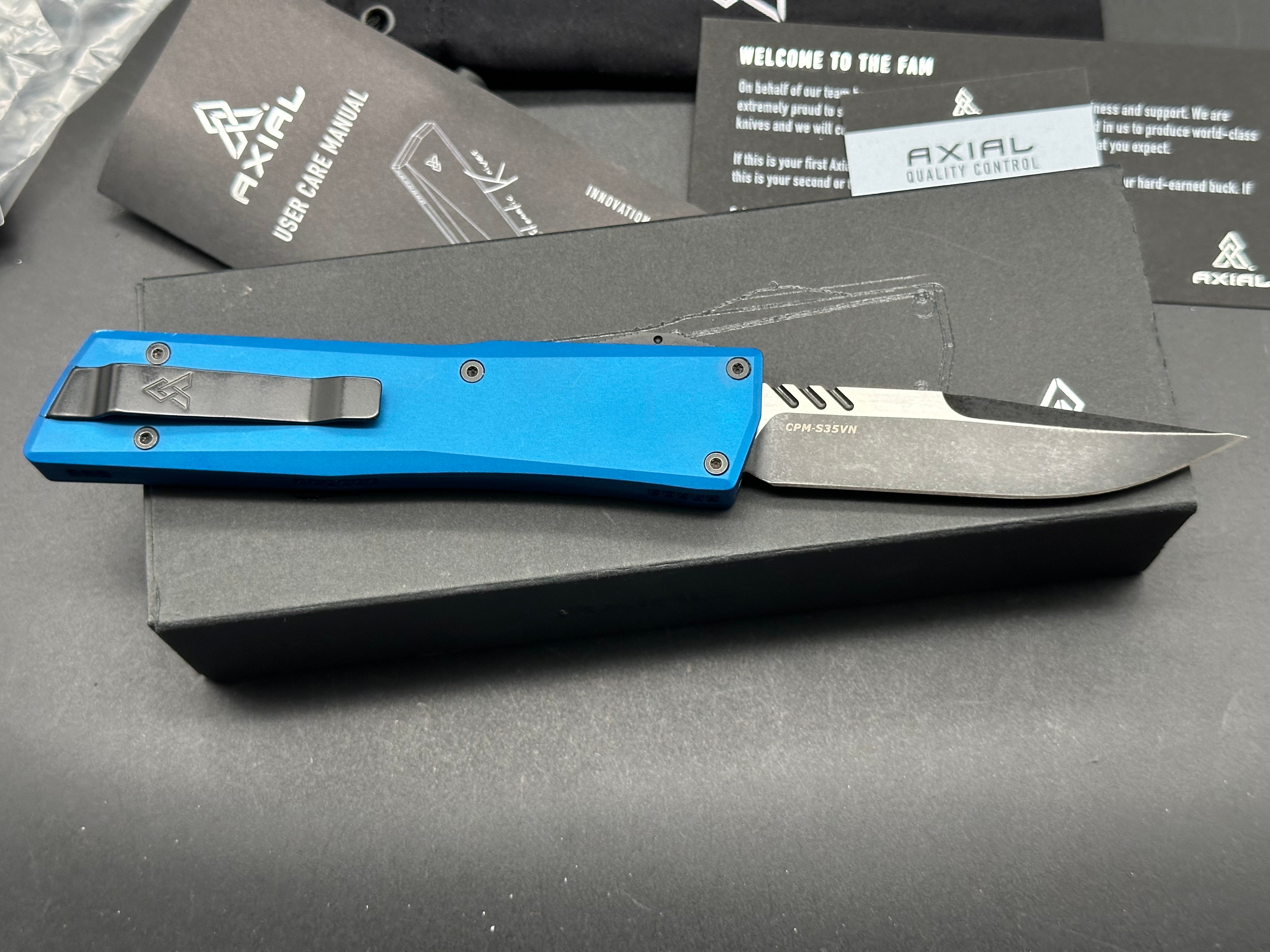 Axil Shift Blue Aluminum S35VN Out-The-Front Knife - EDC, Tactical & Outdoor Survival Tool