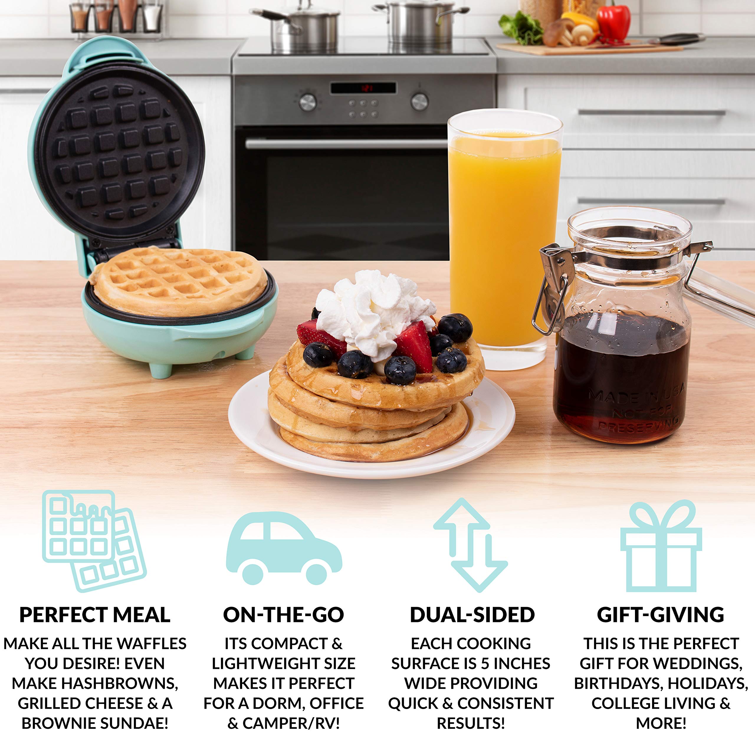 Nostalgia MyMini Personal Electric Waffle Maker - 5 Inch Non-Stick Cooking Surface for Waffles, Hash Browns, French Toast, Grilled Cheese, Quesadillas, Brownies & Cookies - Compact & Portable for Dorms, Offices & Small Kitchens - Aqua Blue