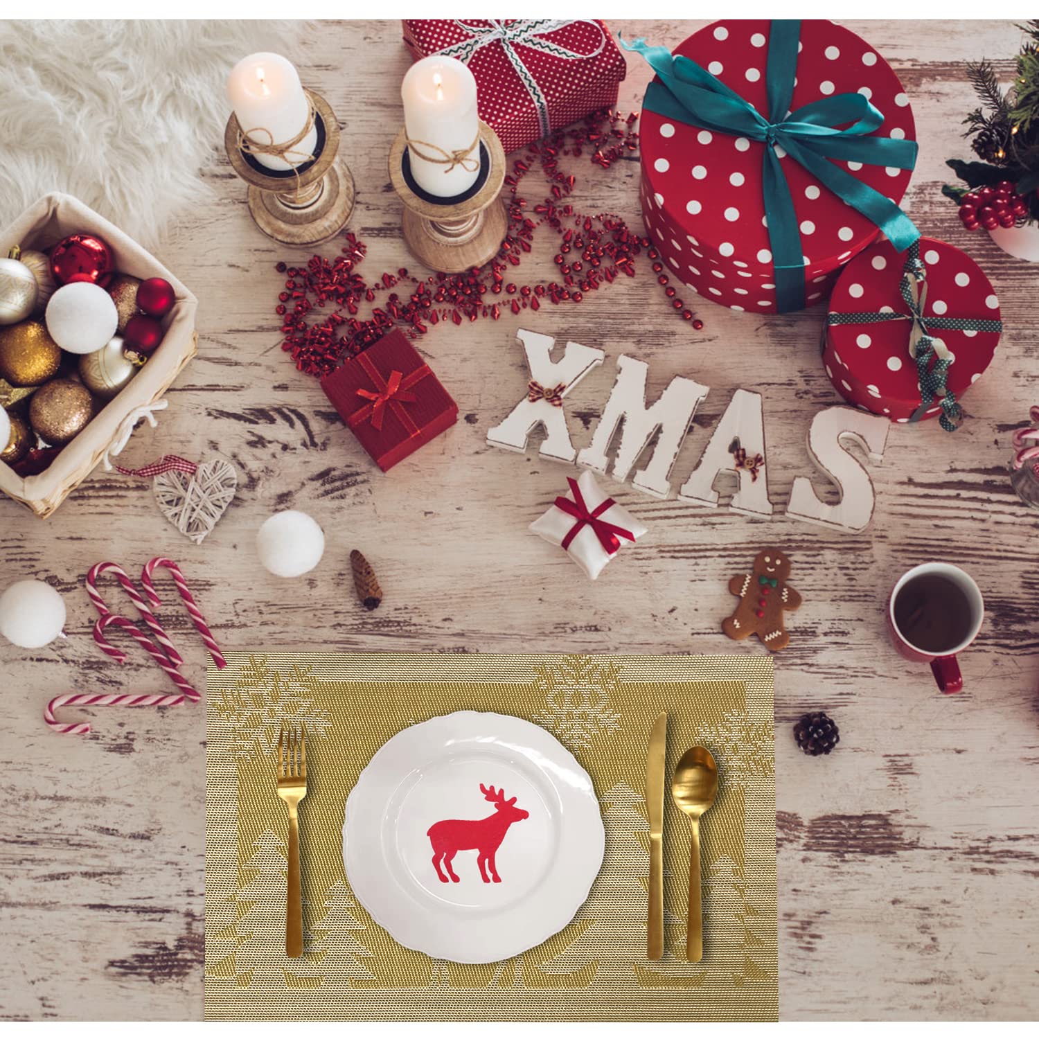 6-Piece Christmas Reindeer & Gold Woven Vinyl Non-Slip Placemats Set - Washable, Anti-Skid Table Mats for Kitchen Dining, Holiday Decor & Festive Gatherings