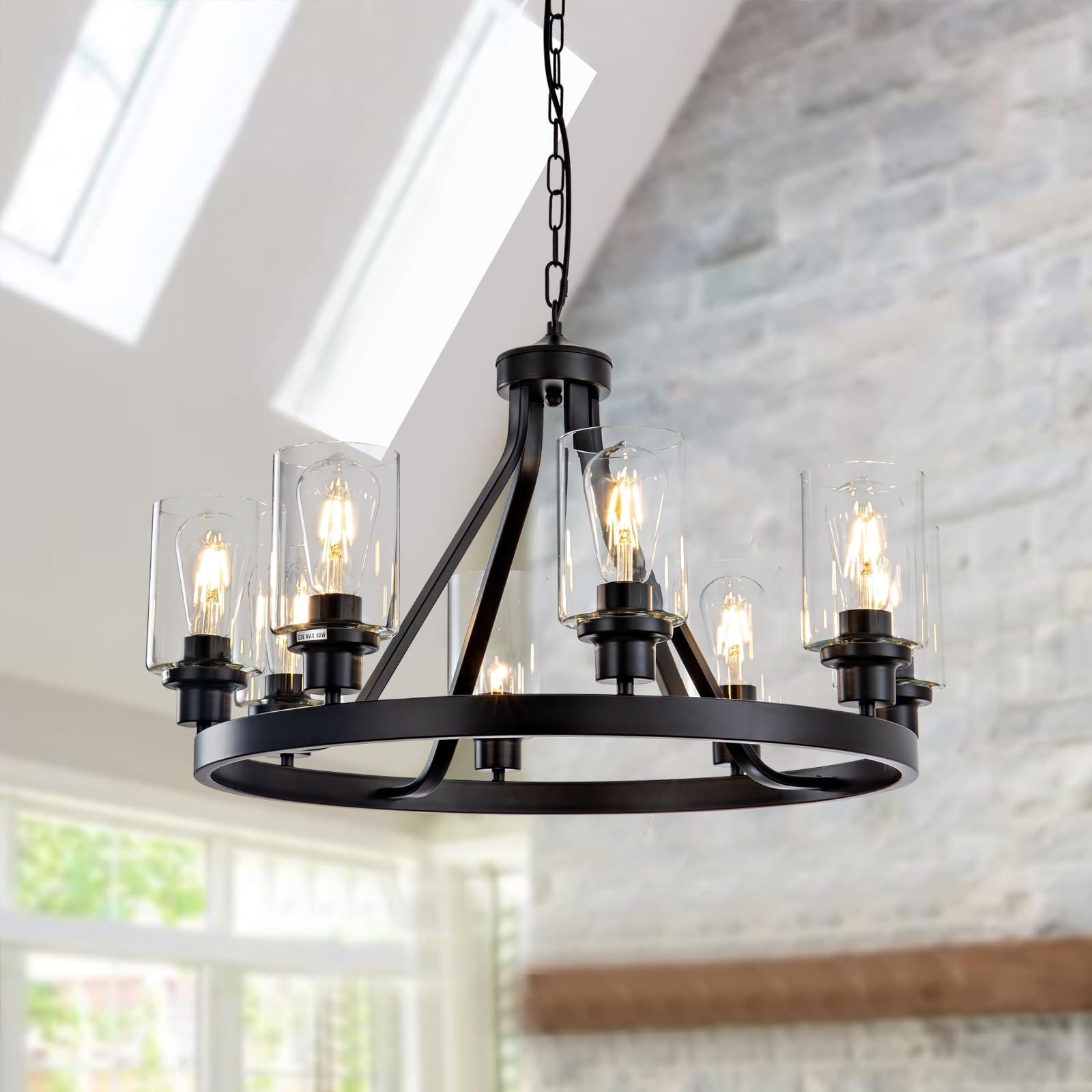 8-Light Black Farmhouse Wagon Wheel Chandelier - Adjustable Height Modern Industrial Rustic Dining Room Light Fixture - Perfect for Kitchen Island, Dining Table, and Living Room Pendant Lighting (E26 Base)