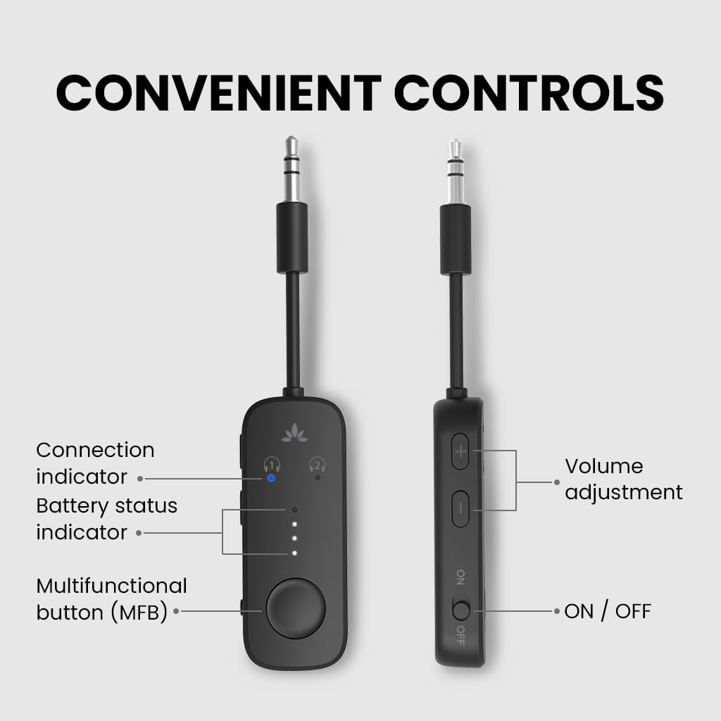 Avantree Relay - Premium Bluetooth 5.3 Airplane Audio Adapter, Wireless Transmitter for Dual AirPods/Headphones with aptX Adaptive & 3.5mm AUX - Perfect for In-Flight Entertainment, Travel, TV & Home Audio Systems