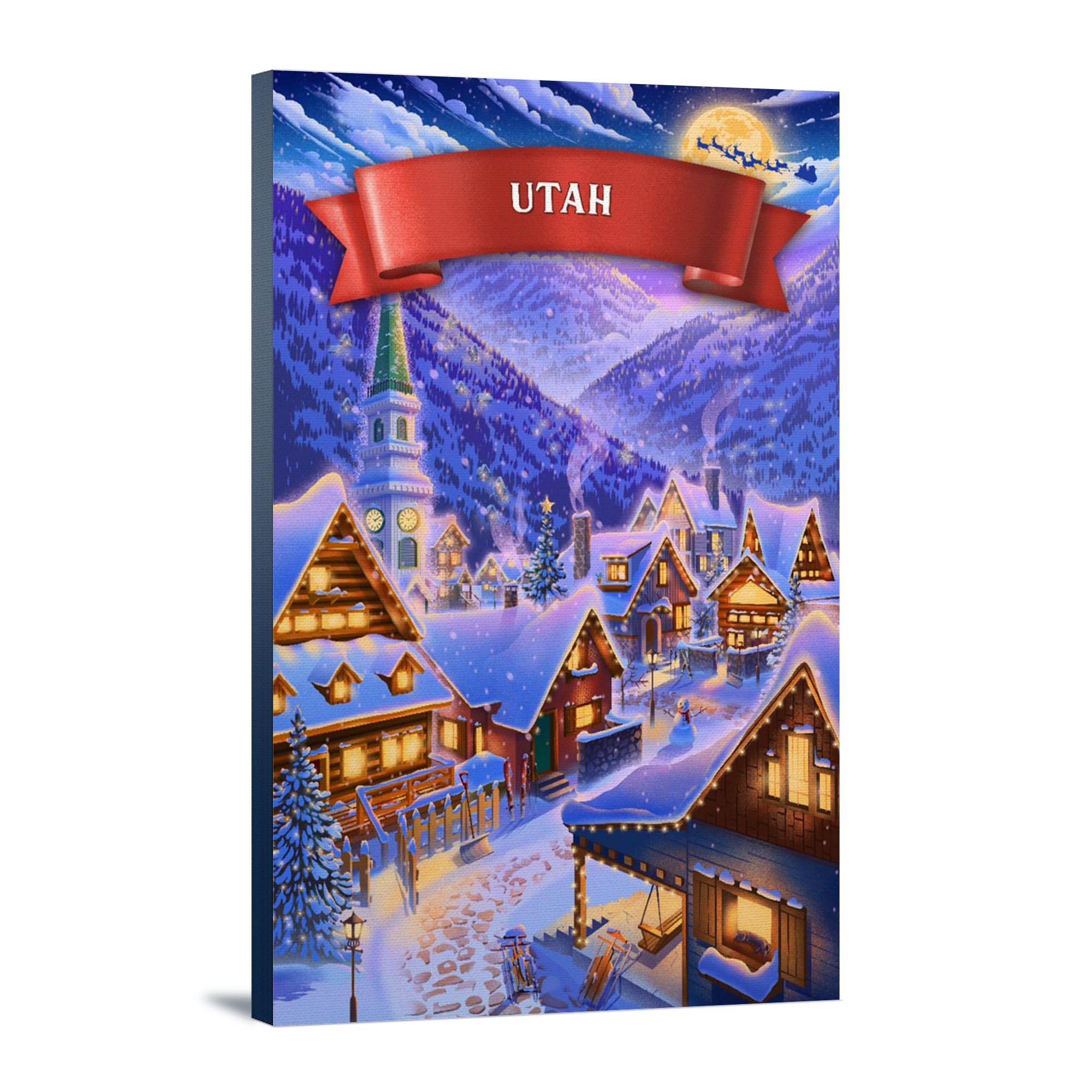 Utah Sleepy Winter Christmas Village Wall Art - 16x24 Wrapped Canvas for Holiday Home Decor - Perfect for Living Room, Bedroom & Office Seasonal Decoration