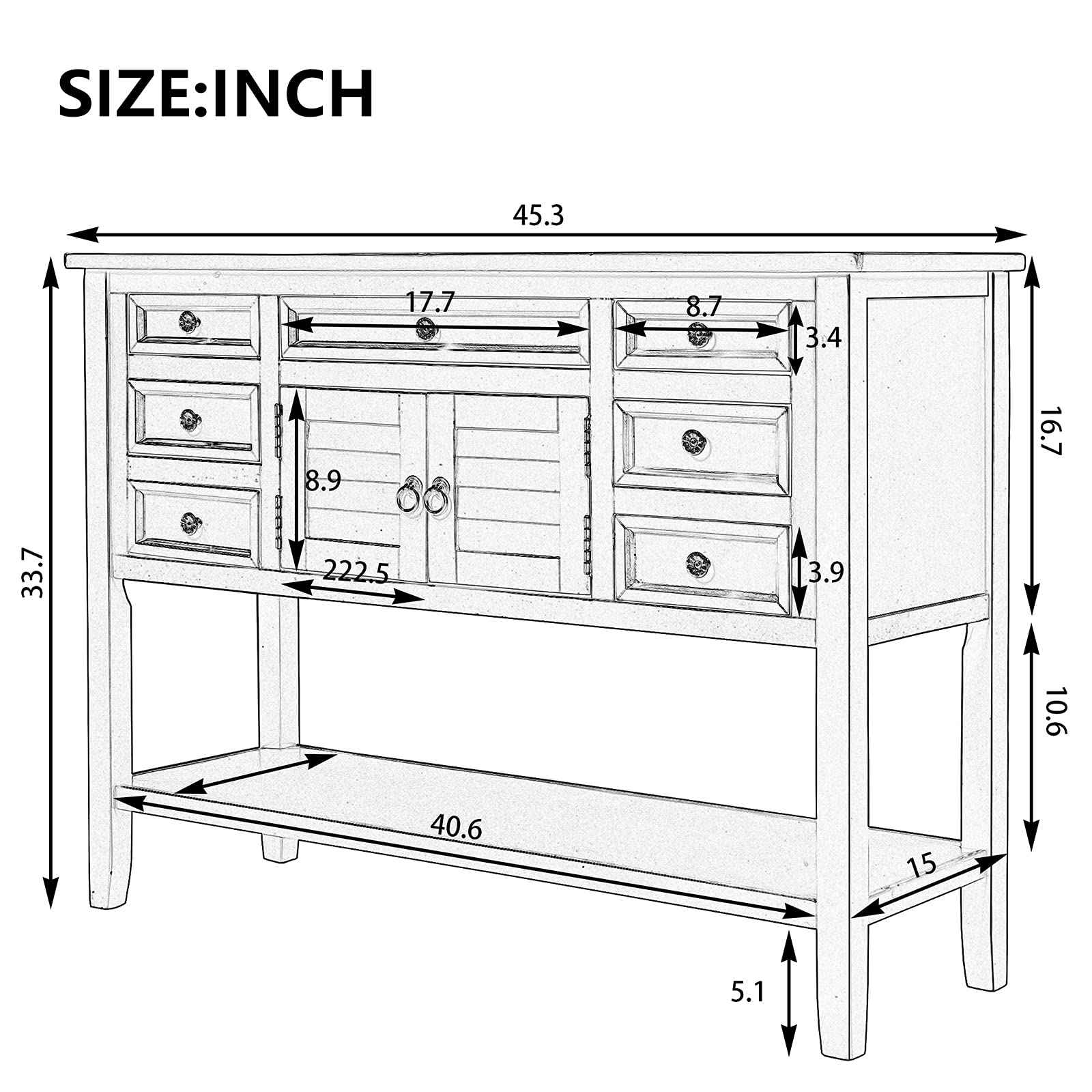Amposei 45 Inch Modern Wooden Buffet Table with 7 Drawers & Open Shelf - Entryway Console Table, Sofa Table, Sideboard Storage Cabinet for Living Room, Kitchen, Bedroom, Hallway (Blue) | Perfect for Home Decor, Dining Room Storage & Small Space Organization