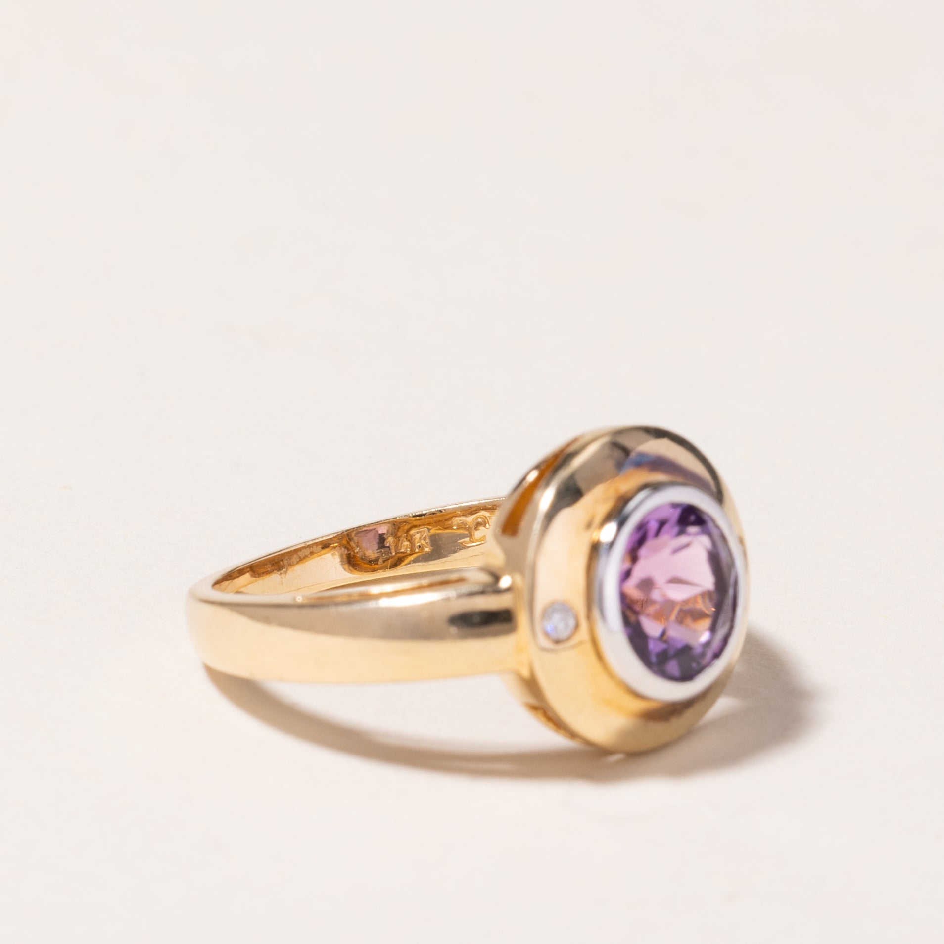 14K Yellow Gold Bezel Set Amethyst Ring - 1.00ct Genuine Amethyst & 0.03ctw Diamond Accents - Size 6.75 - Elegant Jewelry Gift for Women, Perfect for Valentine's Day, Anniversary & Special Occasions