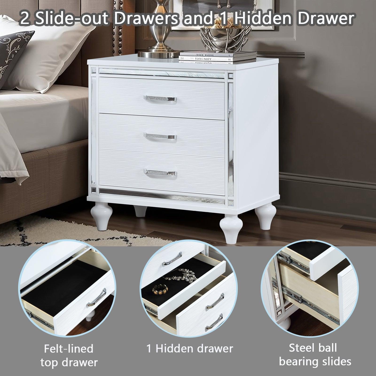 Modern White Nightstand with Mirror Frame & Crystal Pulls - 2 Drawers + Hidden Storage, Bedside Table for Bedroom, Living Room - Perfect for Small Spaces & Apartment Decor