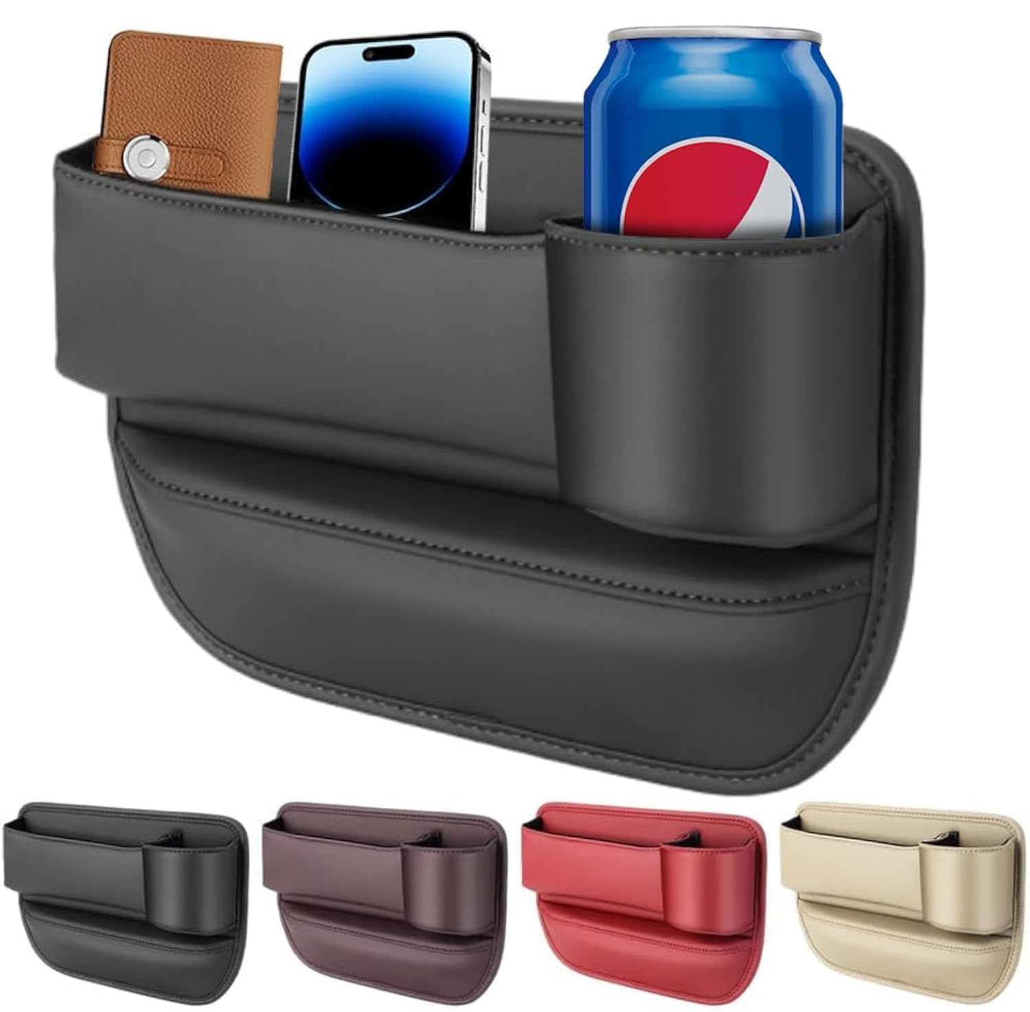 Premium Leather Car Seat Gap Organizer - Adjustable Cup Holder & Storage Box for Phones, Keys, Cards & Glasses | Perfect for Passenger Seat | Ideal for Road Trips, Commuting & Daily Car Organization
