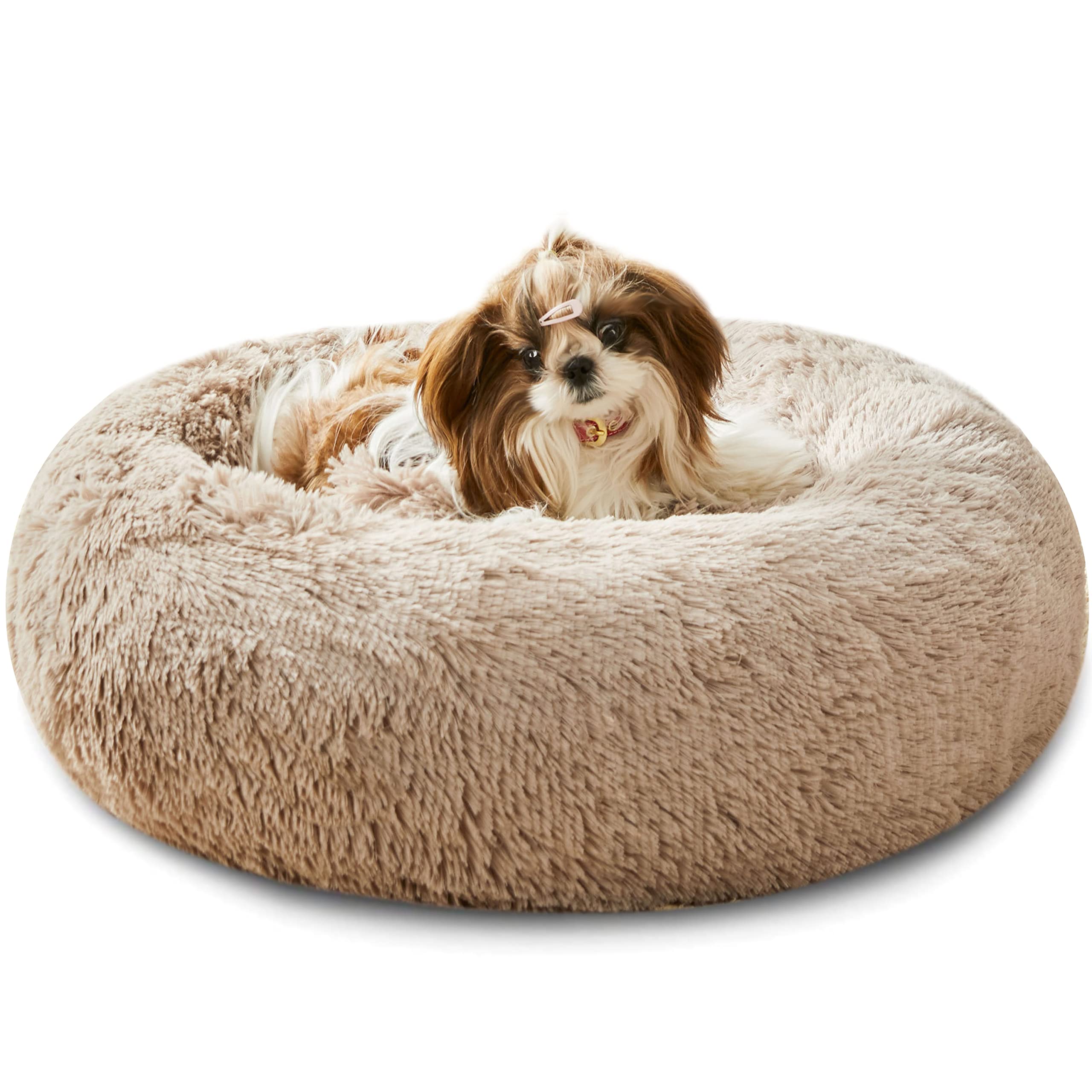 Premium Faux Fur Donut Pet Bed for Dogs & Cats - Calming Anti-Anxiety Round Cuddler for Small, Medium & Large Pets - Washable Warm Cozy Bed for Indoor Cats & Dogs (20