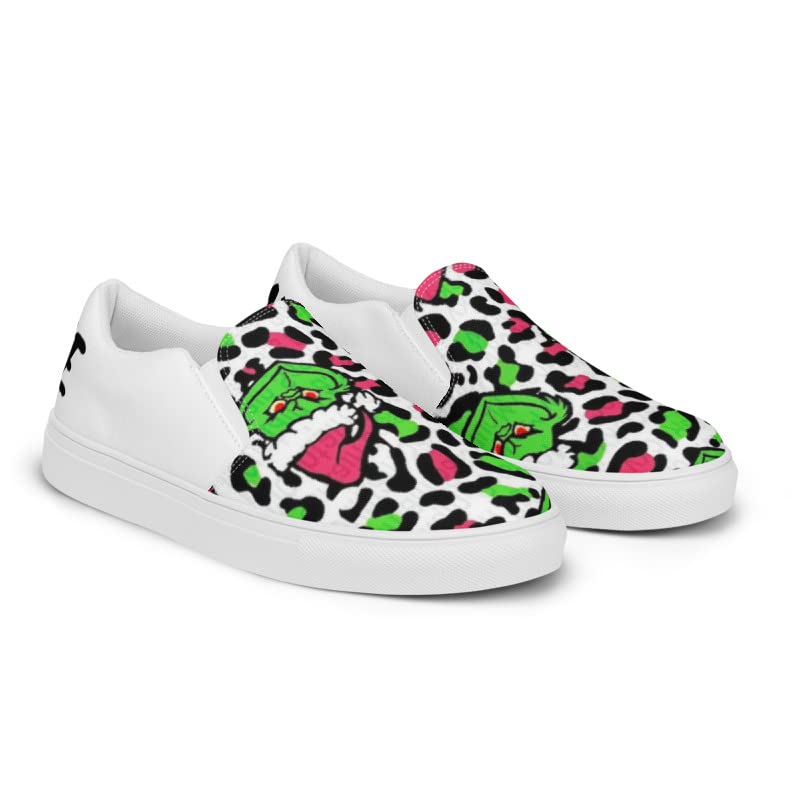 Women's Christmas Slip-On Canvas Shoes - Leopard Print & Pink Grinchy Holiday Footwear for Parties, Gifts & Festive Outfits