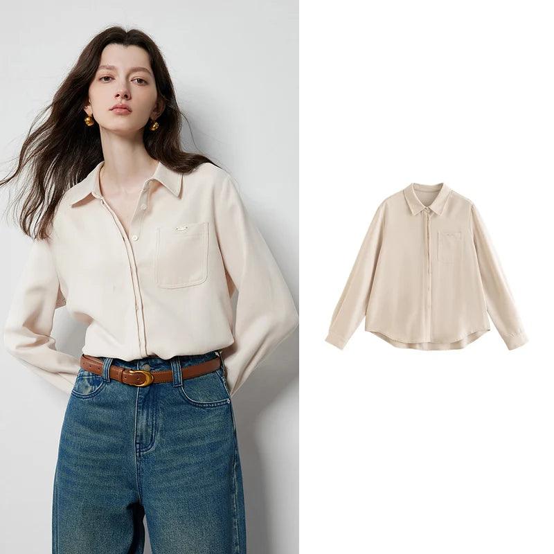 Women's Beige Workwear Blouse - Soft Brushed Long Sleeve Office Shirt with Turn Down Collar | Professional Business Attire for Autumn & Winter | Perfect for Office, Meetings & Formal Events