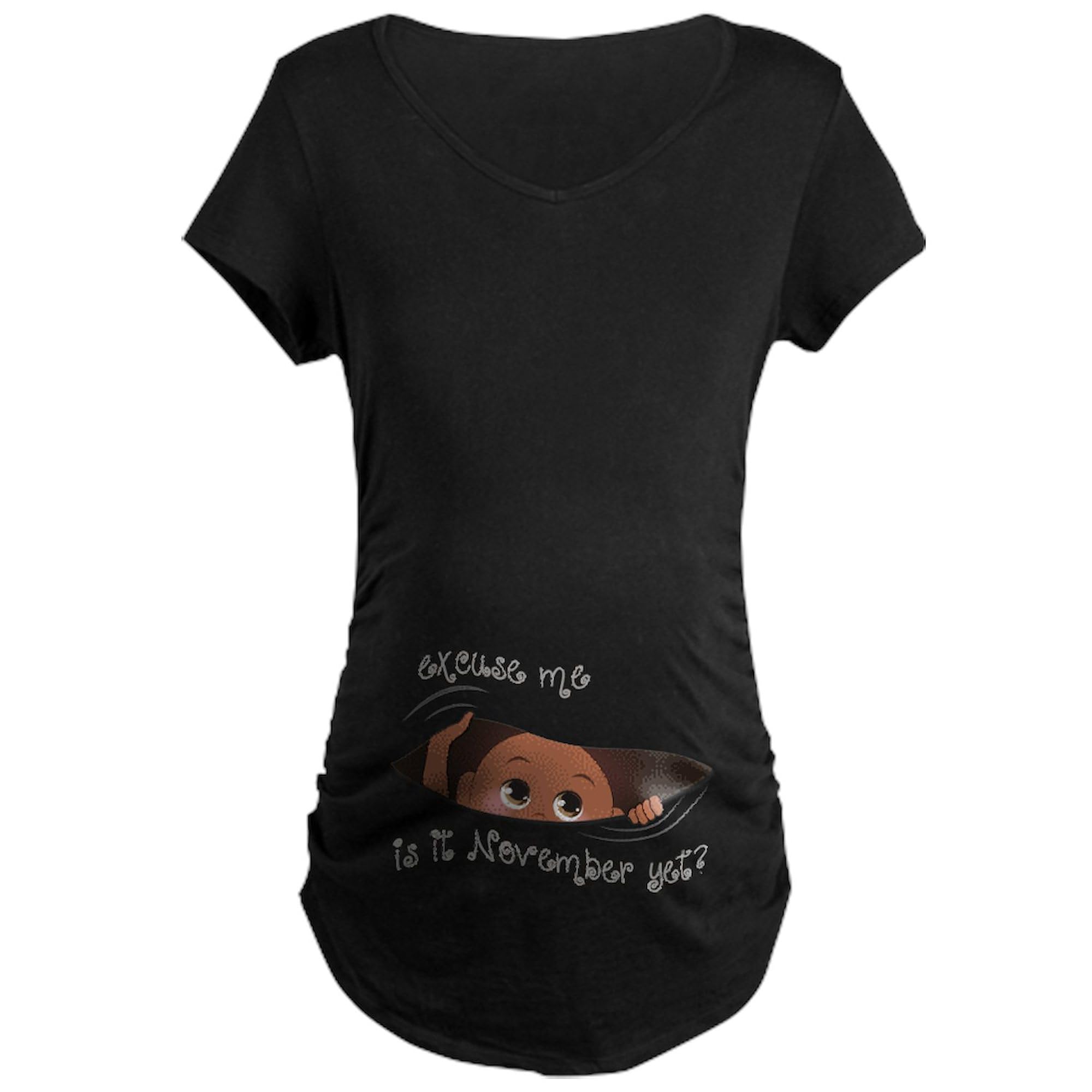 Funny Peeking Baby November Maternity Dark T-Shirt - Women's Ruched Side Maternity Tee for Pregnancy Announcement & Baby Shower Gifts