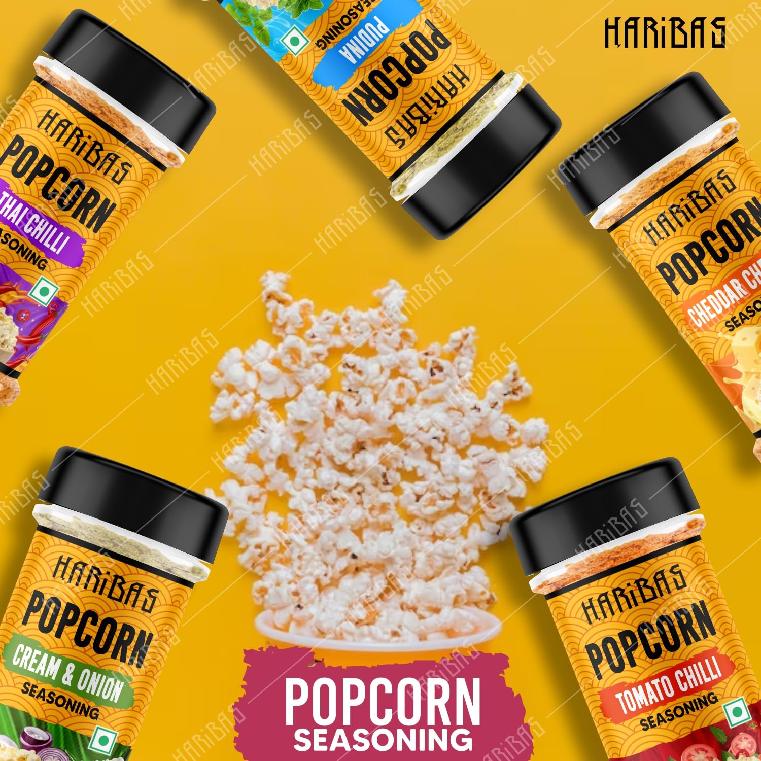 HARIBAS 5-Pack Popcorn Seasoning Powder Variety Set - Cheddar Cheese, Cream Butter & Onion, Tomato Chili, Thai, Pudina (50g Each) | Sprinkle on Popcorn, Nachos, French Fries, Maggie Noodles | Perfect for Movie Nights, Parties & Snack Time