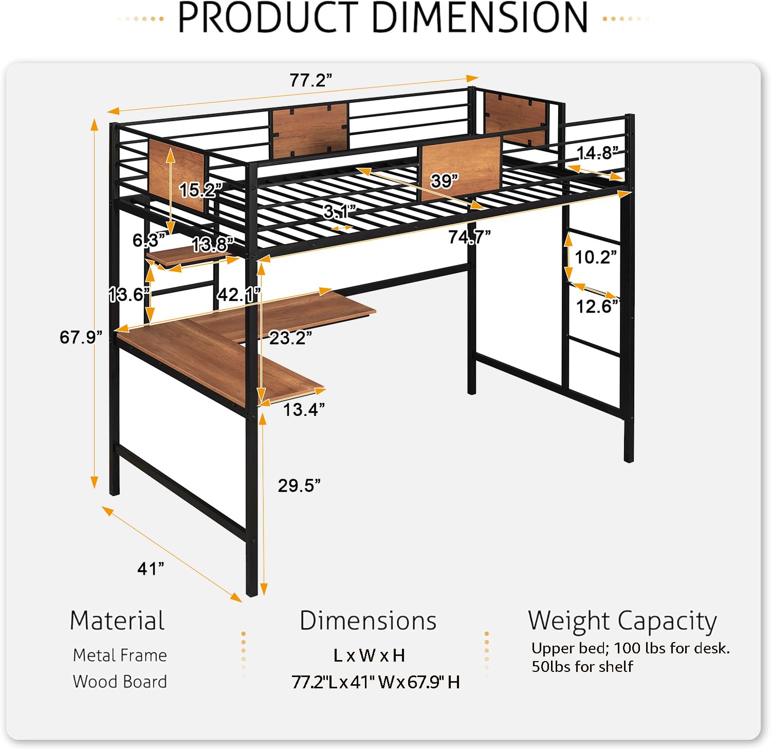 **Metal Loft Bed Frame with Desk & Storage - Twin Size Space-Saving Bed for Kids, Teens & Adults - Sturdy Guardrail & Ladder Included - No Box Spring Needed (Black) - Perfect for Small Rooms, Dorms & Apartments**