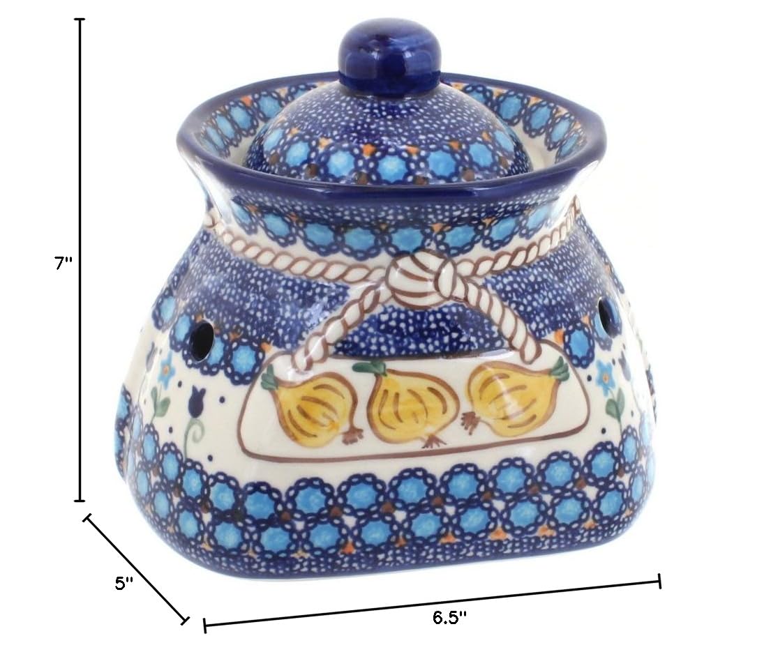 Blue Rose Polish Pottery Savannah Small Garlic Keeper - Handmade Ceramic Garlic Storage Container for Kitchen, Pantry & Dining Room Decor