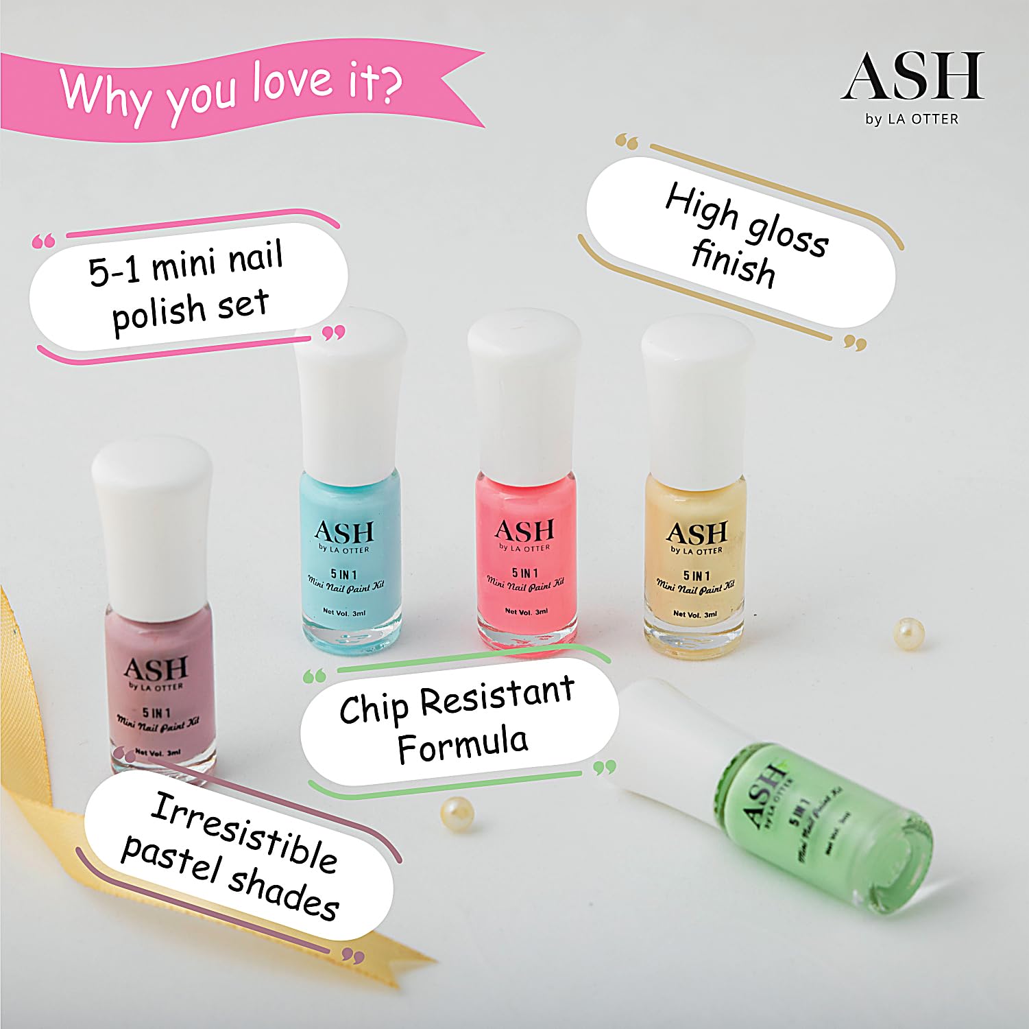 ASH Mini Nail Paint Kit - 5 in 1 Pastel Colors Nail Polish Set for DIY Manicure at Home, Salon & Travel | Perfect for Gift, Party & Everyday Nail Care