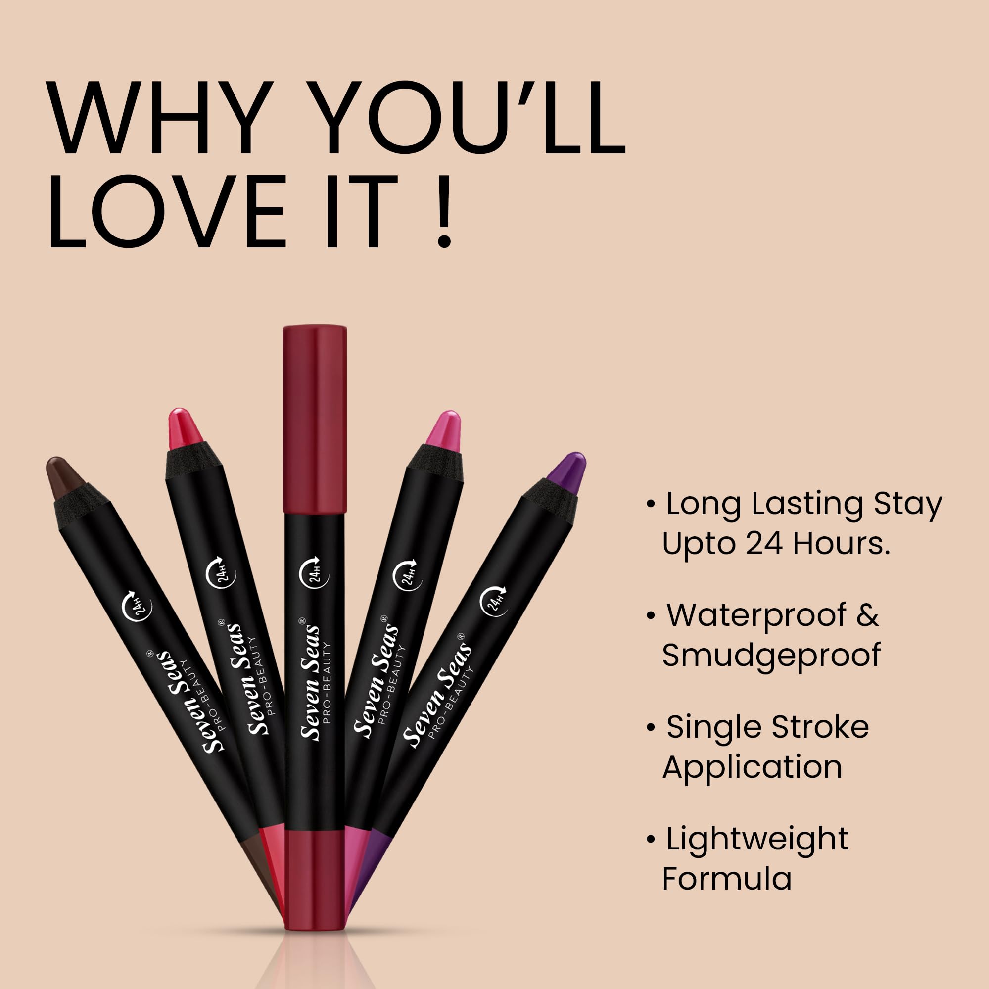 Seven Seas Color It All Non-Transfer Lip Crayon Lipstick with Sharpener - Matte Finish, Long Lasting & Smudge Proof Lipstick for Women | Perfect for Everyday Wear, Date Nights & Special Occasions (Pink Mousse)