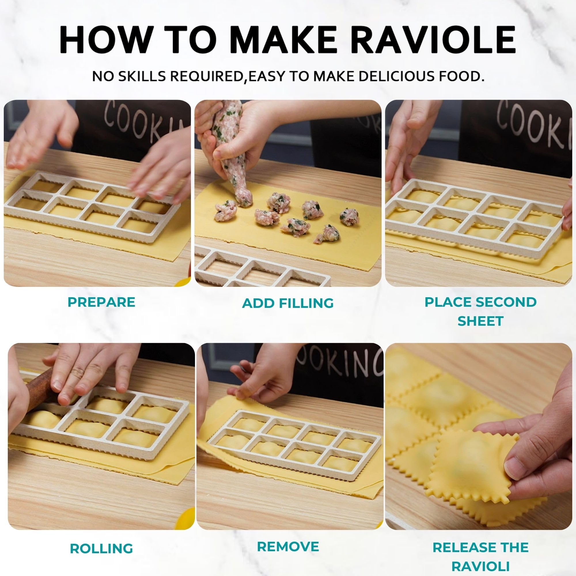 Premium Ravioli Maker Press Set - 3-Piece Pasta Mold Kit with Round, Heart & Square Cutters, Wooden Rolling Pin & 2.6