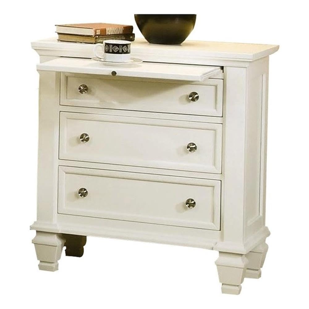 BOWERY HILL 3-Drawer Coastal Wood Nightstand in White/Silver - Stylish Bedside Table for Beach House, Guest Room & Master Bedroom Decor