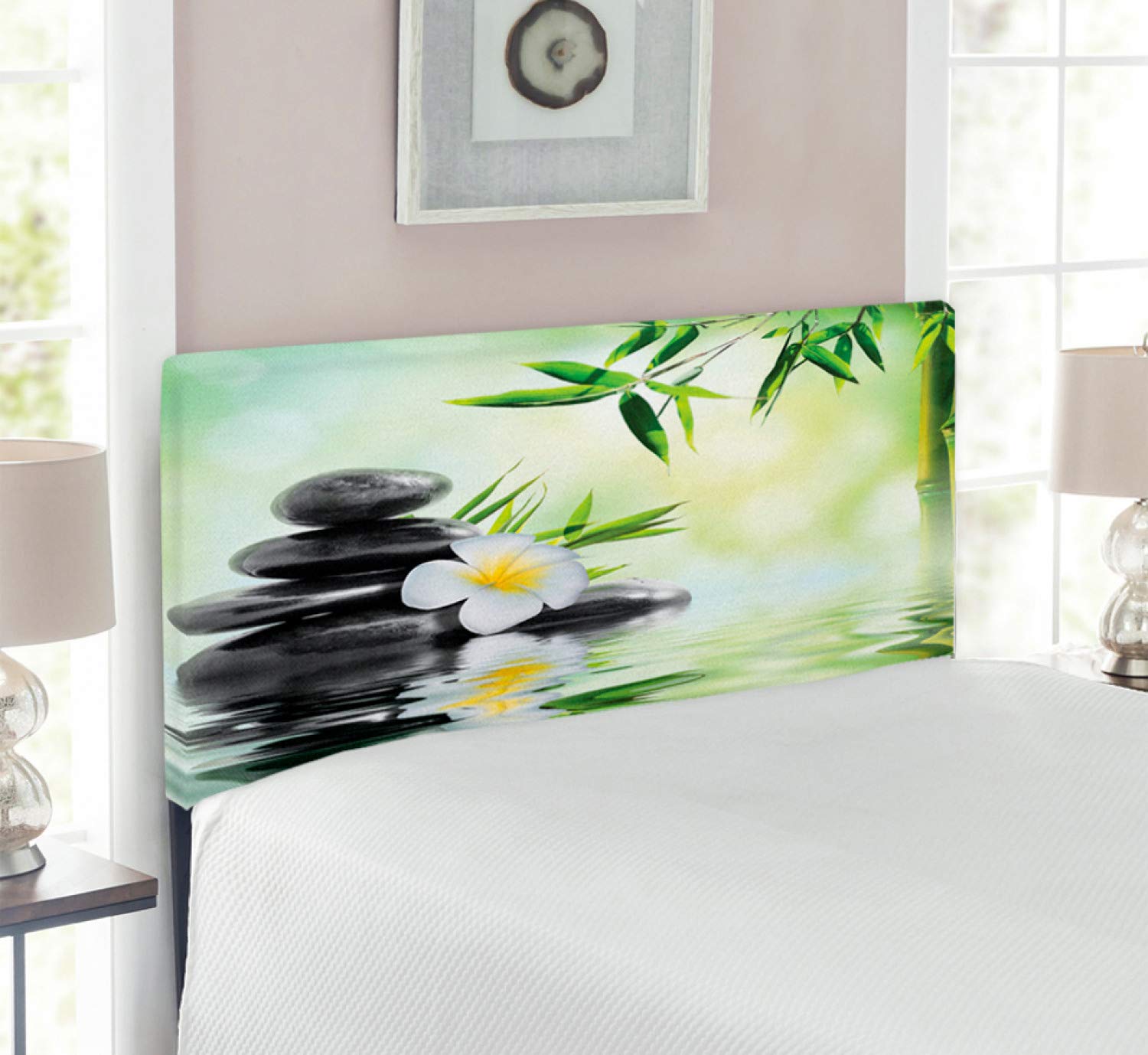 Ambesonne Spa Headboard with Memory Foam - Twin Size Upholstered Decorative Metal Bed Headboard in Charcoal Grey & Pale Green | Japanese-Inspired Bamboo Garden Frangipani Design for Relaxation | Perfect for Bedroom, Spa Retreat & Travel Accommodations