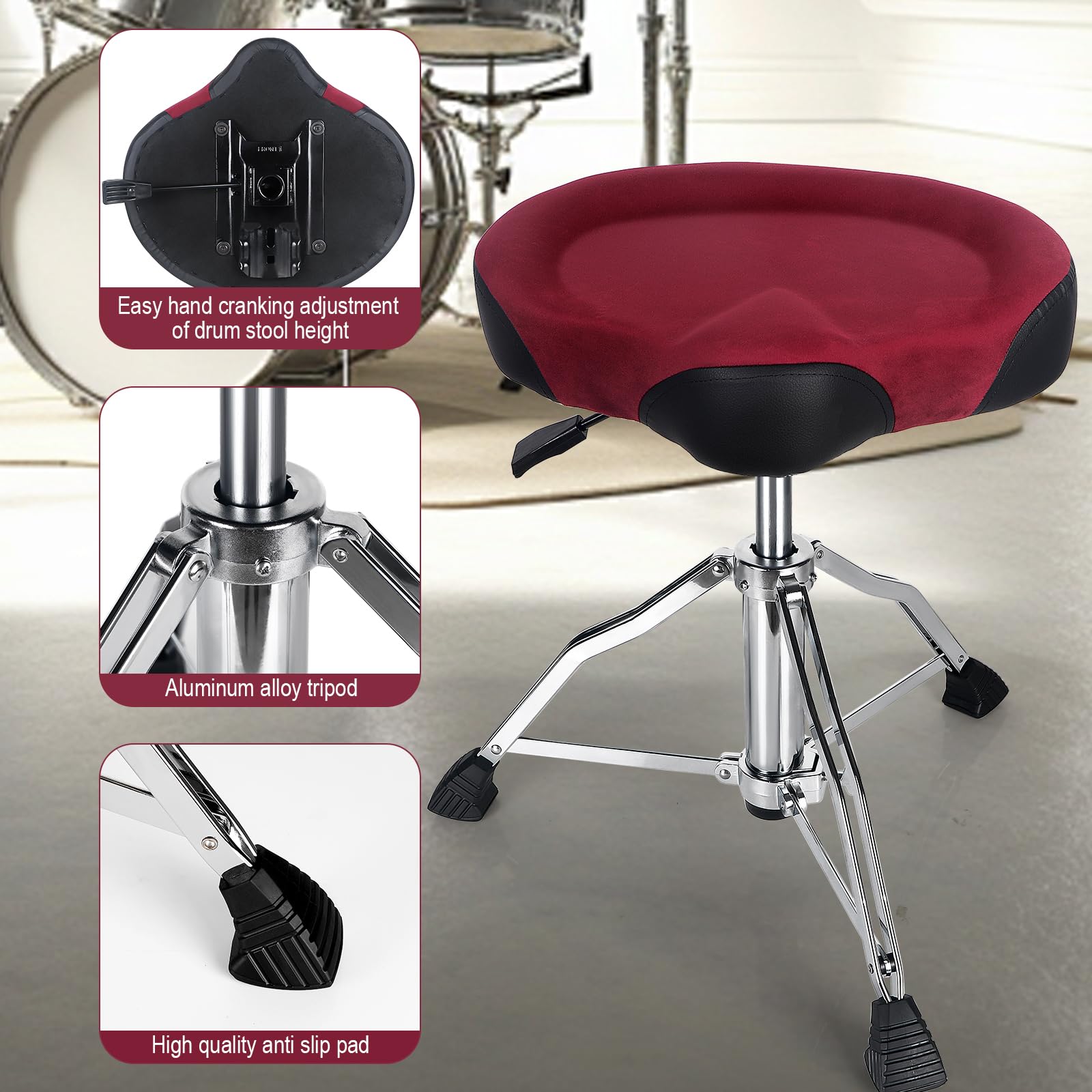 AKOLT Heavy Duty Hydraulic Drum Throne - Adjustable Height Suede Drum Stool with Motorcycle Style Design for Adult Drummers (Dark Red Brown) - Perfect for Studio Recording, Live Performances & Drum Practice Sessions