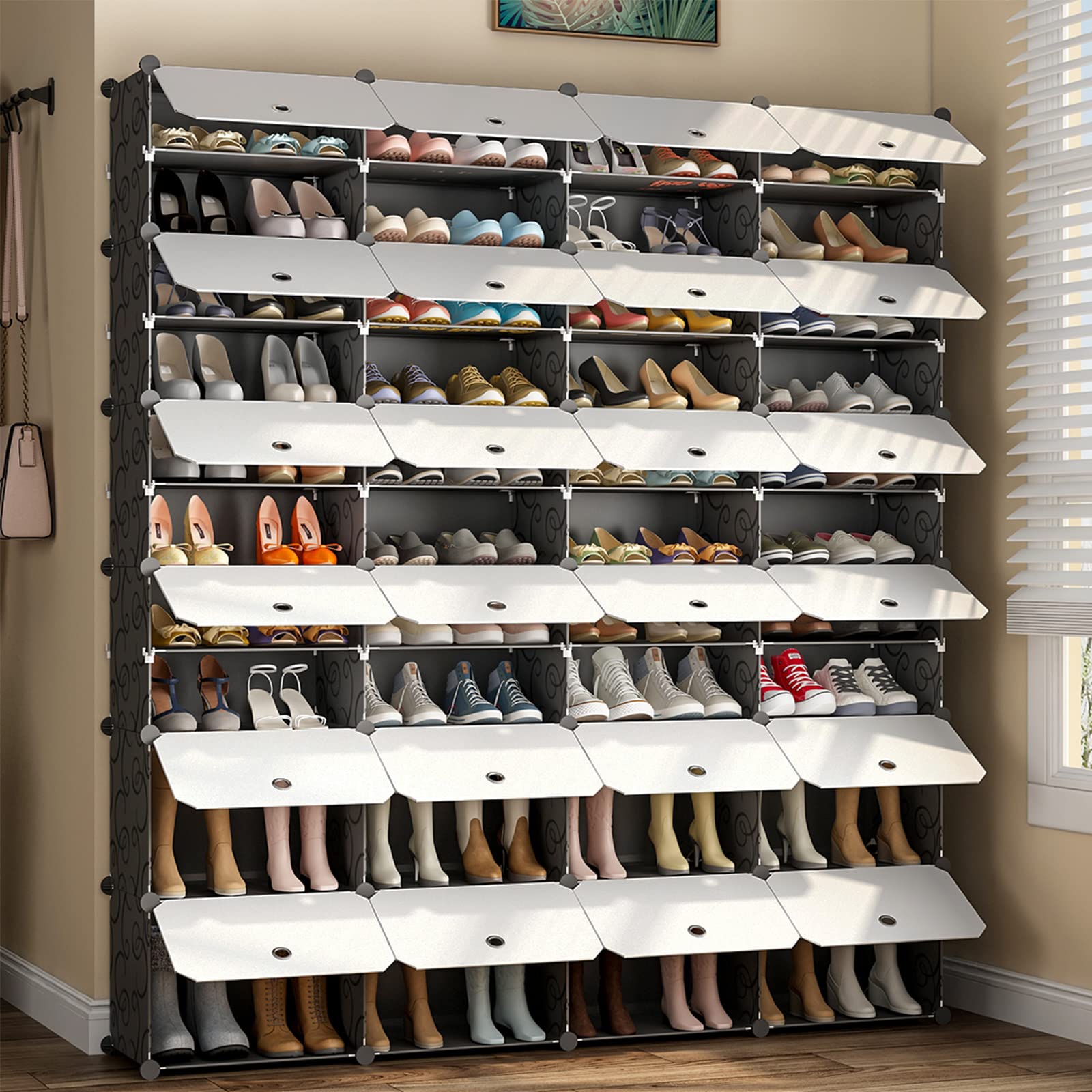 Aeitc 96 Pairs Expandable Shoe Rack Organizer - Space Saving Stackable Shoe Storage Cabinet with Hooks & Side Shelf for Entryway, Closet, Bedroom - White Door Shoe Shelf for Small Spaces & Home Organization