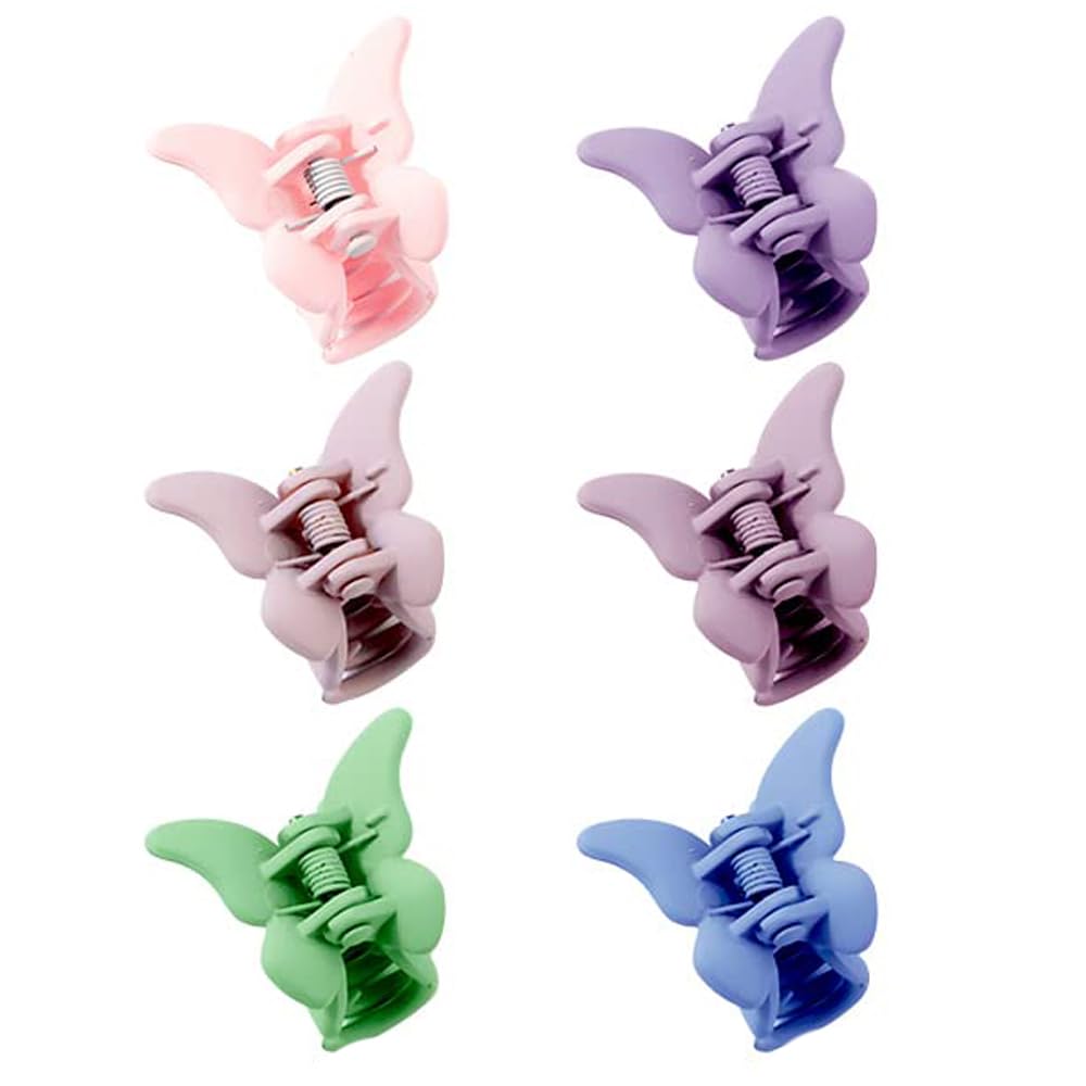 PLUCKET® 6Pcs Small Matte Hair Claw Clips for Women & Girls - 1.5 Inch Mini Jaw Clips for Thin to Medium Thick Hair - Non-Slip Rectangle Hair Clips (Butterfly Design) - Perfect for School, Work, Gym & Everyday Hairstyles