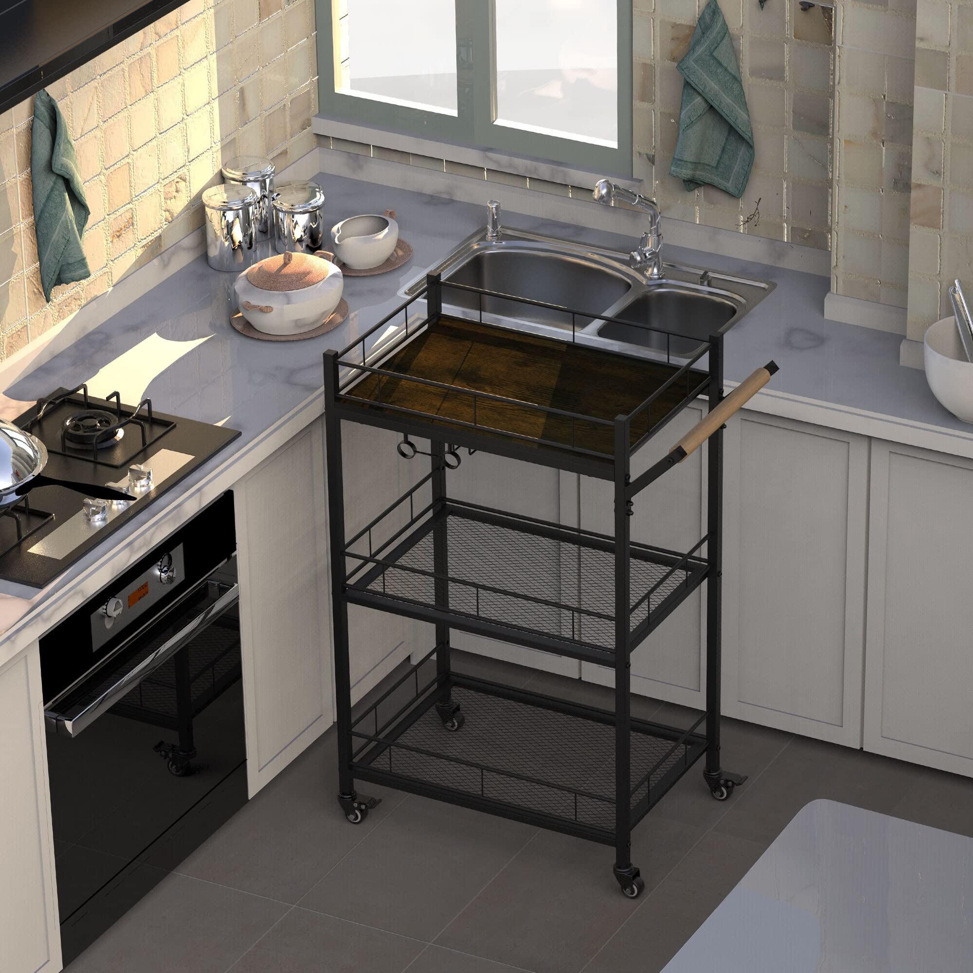 3-Tier Metal Mesh Rolling Storage Cart with Lockable Wheels & Wood Look Top - Industrial MDF Casters for Pantry, Kitchen, Office, or Garage Organization