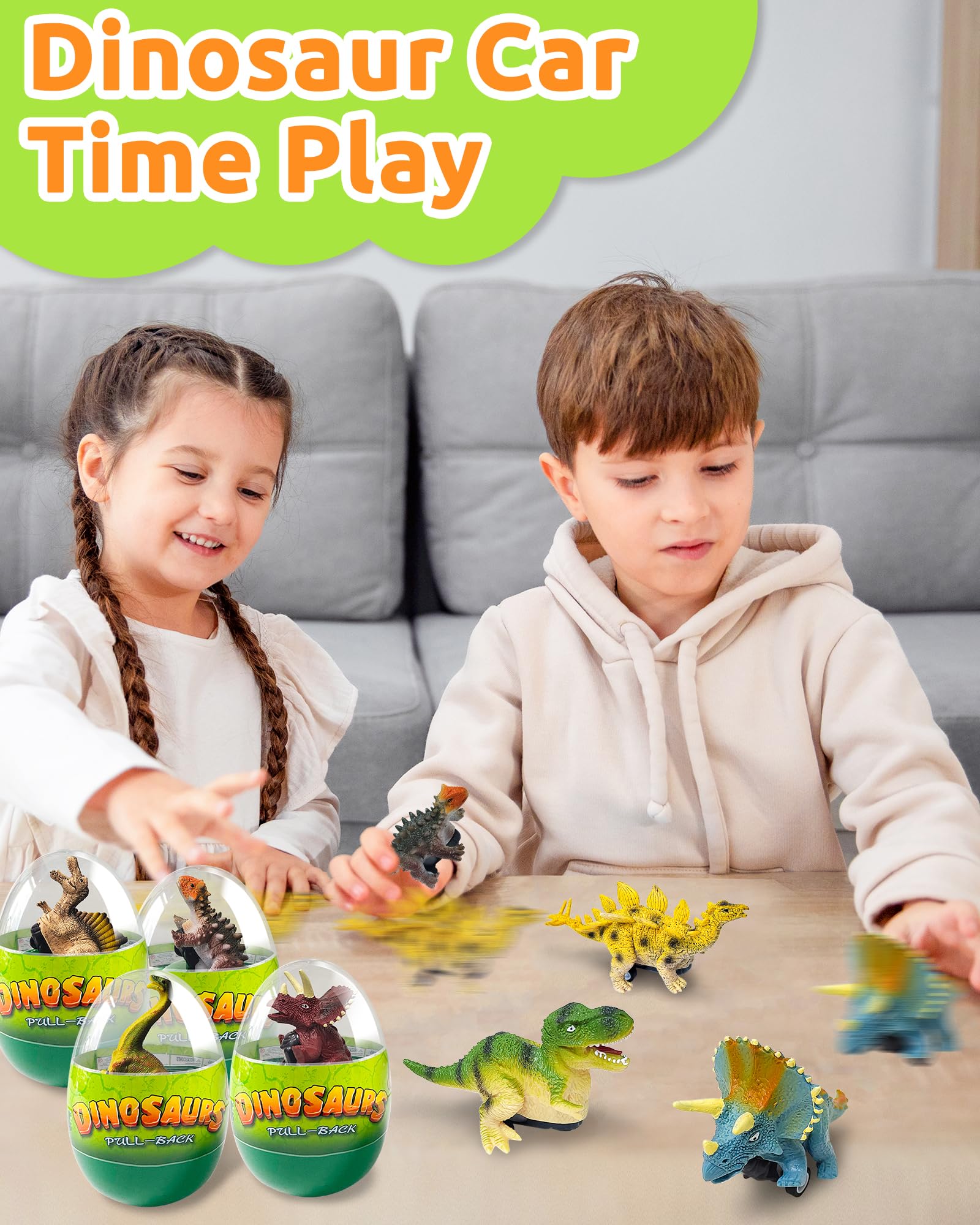 Greingways 4 Pack Dinosaur Pull Back Toy Cars - Prefilled Plastic Easter Eggs with Surprise Toys Inside, Easter Basket Stuffers for Toddlers, Montessori Learning Toys | Perfect for Easter Gifts, Birthday Party Favors, Classroom Rewards & Kids Playtime (Boys & Girls)