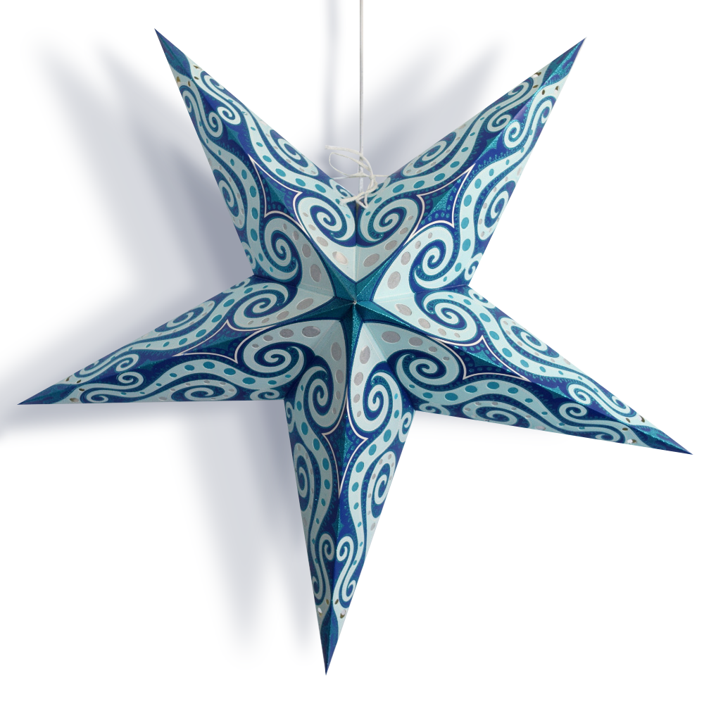 24 Pack Turquoise Blue Mouri Glitter Paper Star Lanterns for Party Decorations, Wedding, Baby Shower & Home Decoration - Hanging Star Lights for Indoor/Outdoor Use