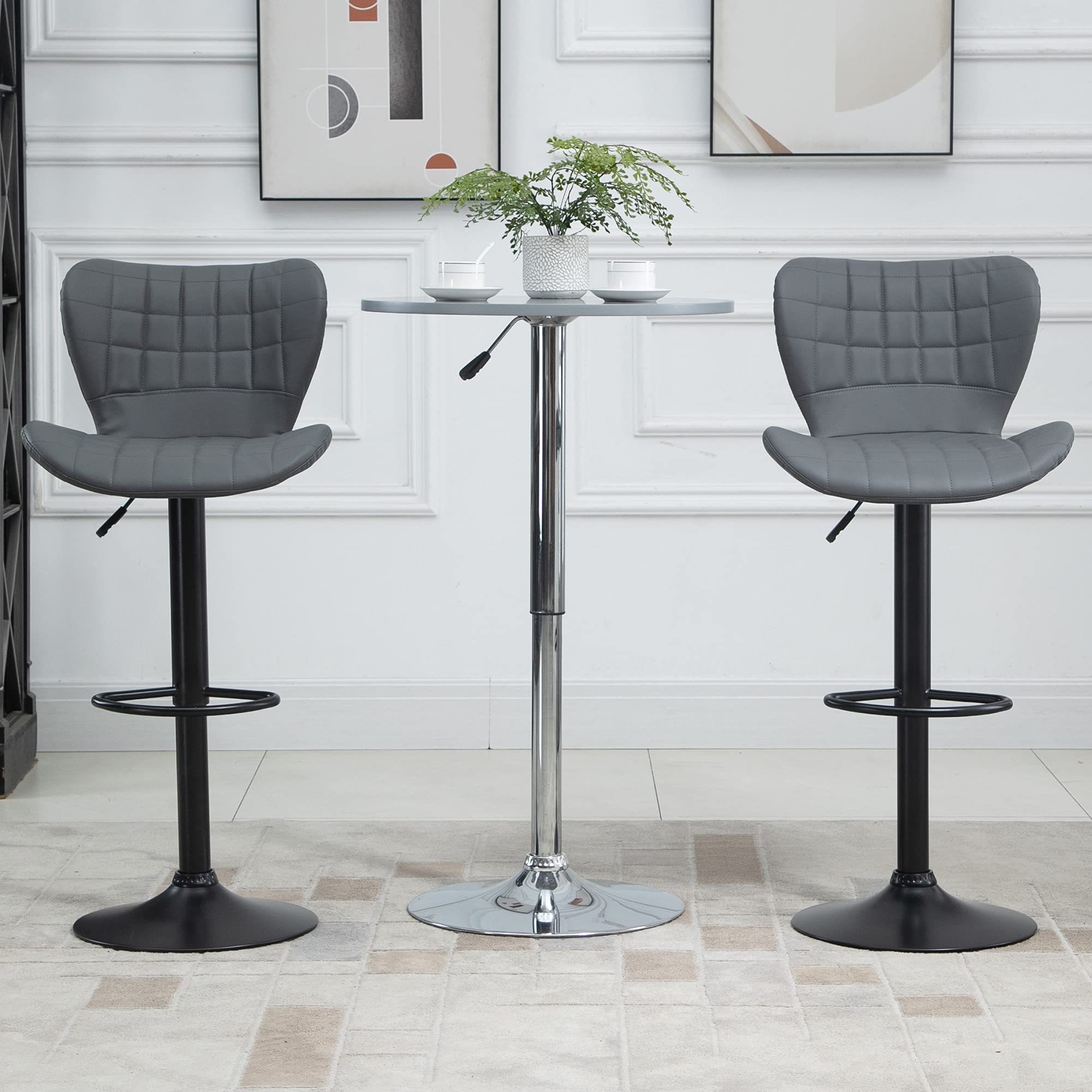 HOMCOM Adjustable Height Swivel Bar Stools Set of 2 - PU Leather Counter Stools with Backrest & Footrest, Grey - Perfect for Kitchen Island, Home Bar & Breakfast Nook
