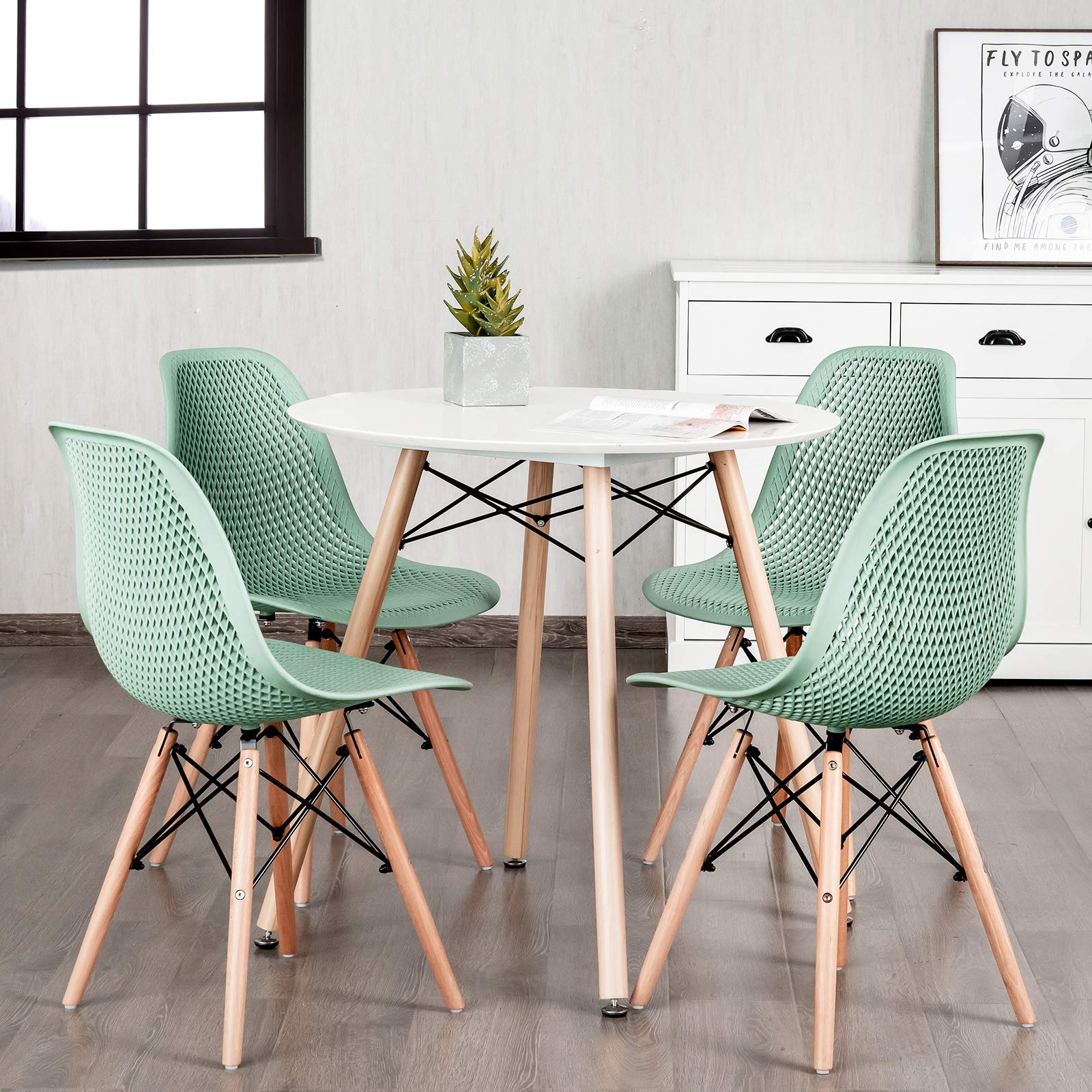 Giantex Set of 2 Modern Dining Chairs - Indoor/Outdoor Shell PP Lounge Side Chairs with Mesh Design & Beech Wood Legs - Tulip Leisure Chairs for Kitchen, Dining Room, Patio, Garden - Green (Perfect for Home, Restaurant, Cafe)