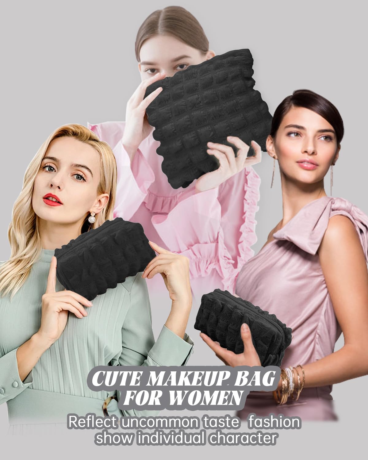 2Pcs Women's Travel Makeup Bag Set - Small Cute Cloud Checkered Cosmetic & Toiletry Pouch for Purse (Black) | Perfect Gift for Her, Ideal for Daily Use, Travel & Organization