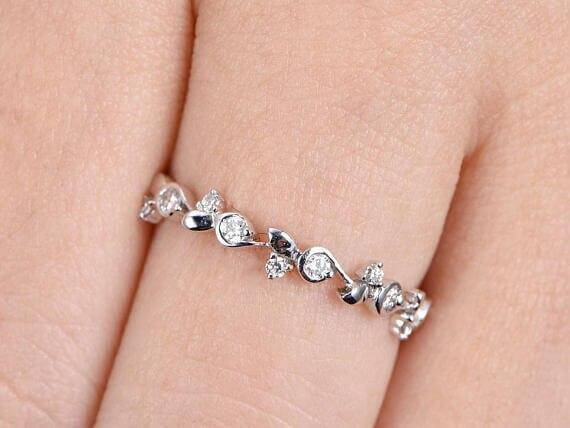 0.50 Carat Moissanite Wedding Band - Solid 10K White Gold Half Eternity Ring with Floral Design - Anniversary Gift, Stackable Deco Ring for Bridal Jewelry & Special Occasions