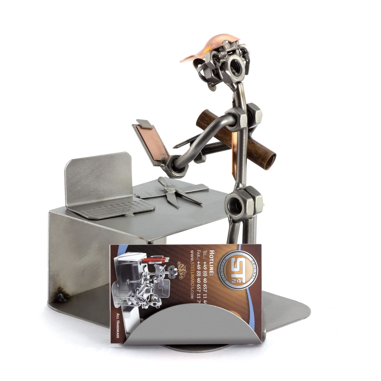 Handmade Metal Engineer Figurine with Personal Engraving - Nuts & Bolts Business Card Holder - German Craftsmanship | Office Desk Decor & Unique Gift for Engineers